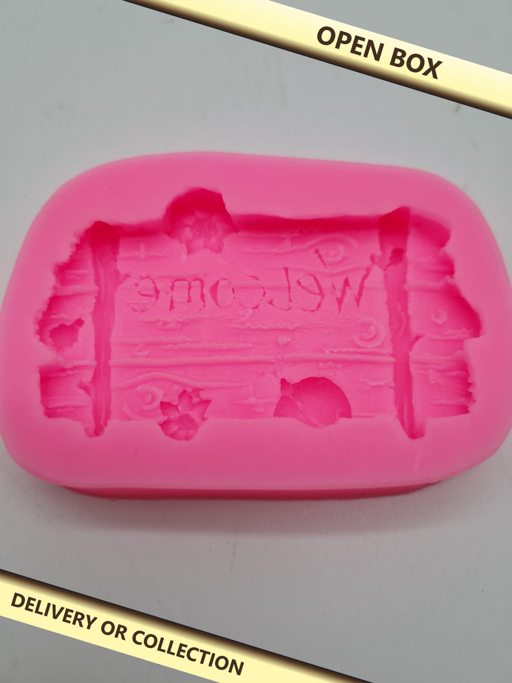 Fairy Garden Welcome Sign Silicone Craft Mould — photograph 1 — Open box; auction delivery information shown on image