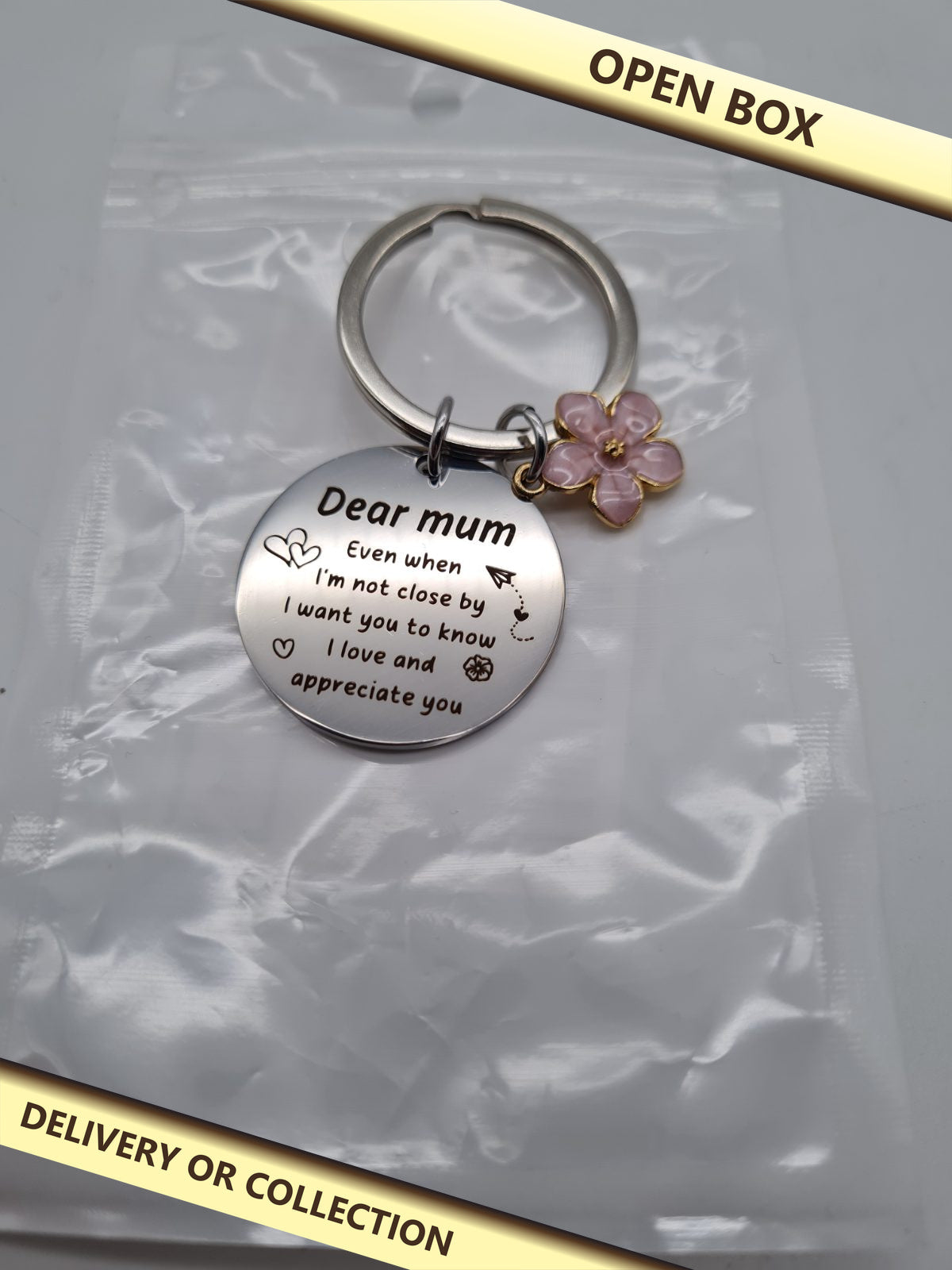 Dear Mum Message Keyring with Flower Charm — photograph 1 — Open box; auction delivery information shown on image