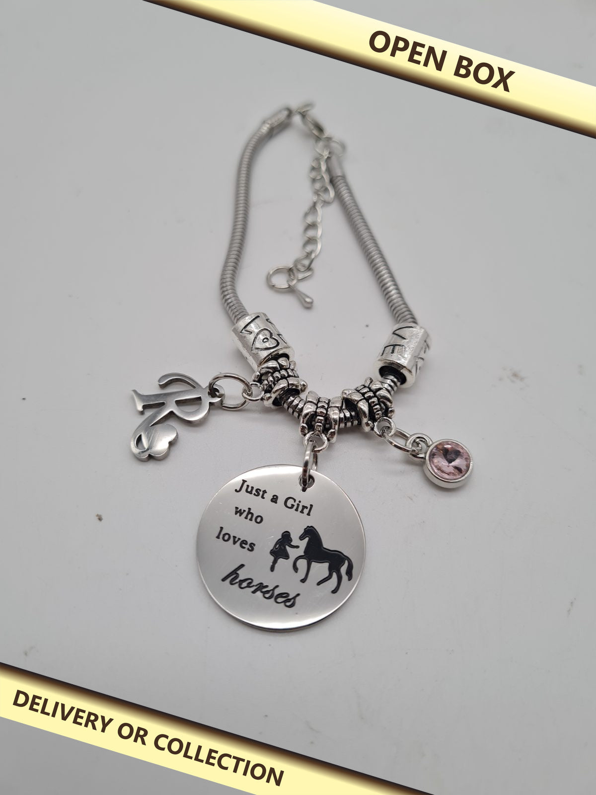 Horse-Themed Charm Bracelet — photograph 1 — Open box; auction delivery information shown on image