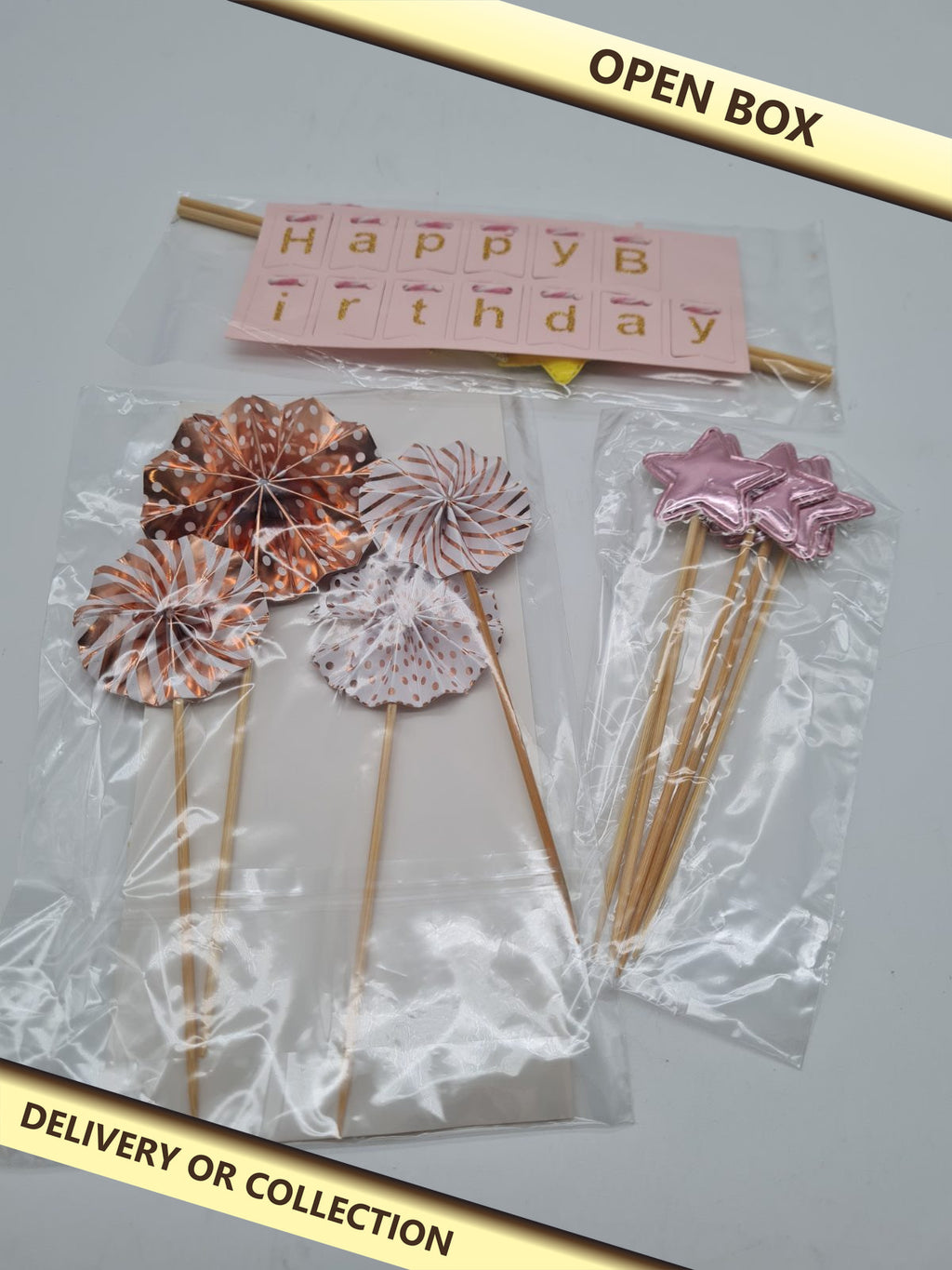 Birthday Cake Topper Decoration Set — photograph 1 — Open box; auction delivery information shown on image