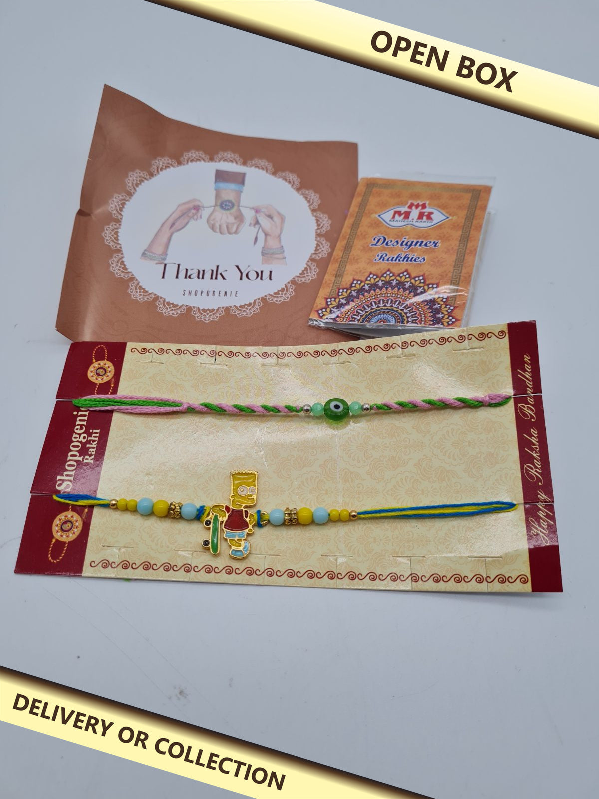 Set of 2 Rakhi Bracelets featuring Bart simspon — photograph 1 — Open box; auction delivery information shown on image