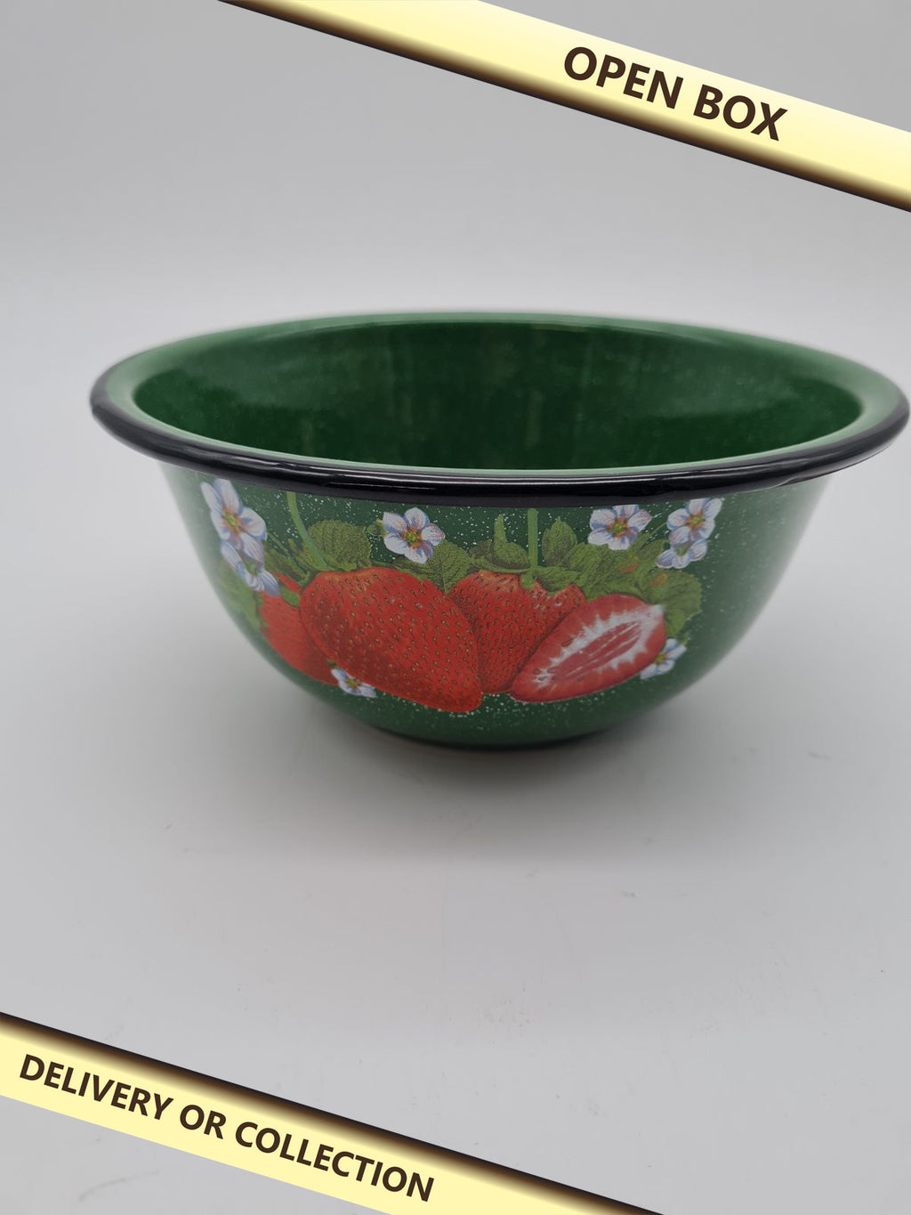 Enamel ramen bowl with strawberry design — photograph 1 — Open box; auction delivery information shown on image