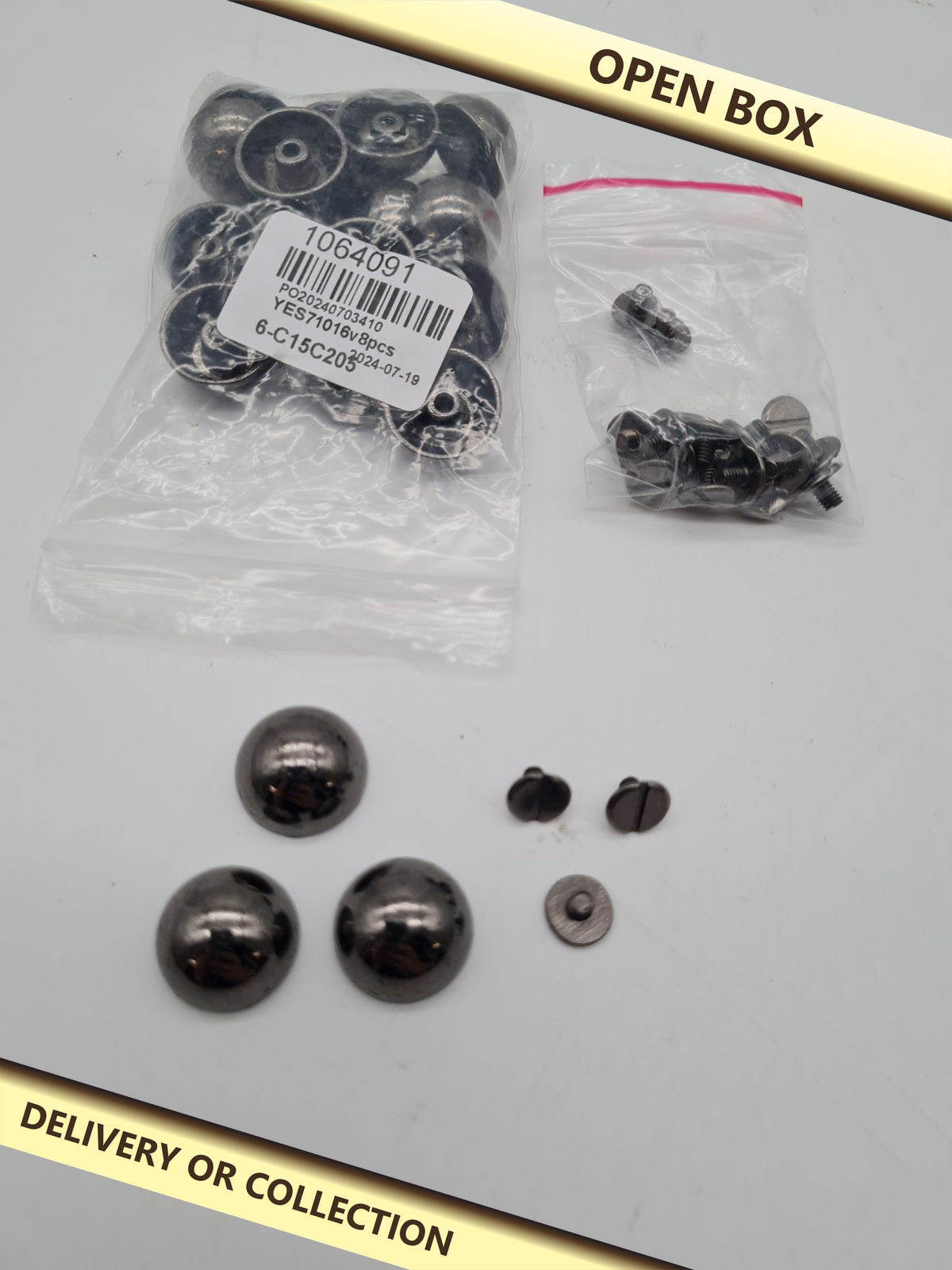 Screw-On Domed Bag Feet Studs — photograph 1 — Open box; auction delivery information shown on image