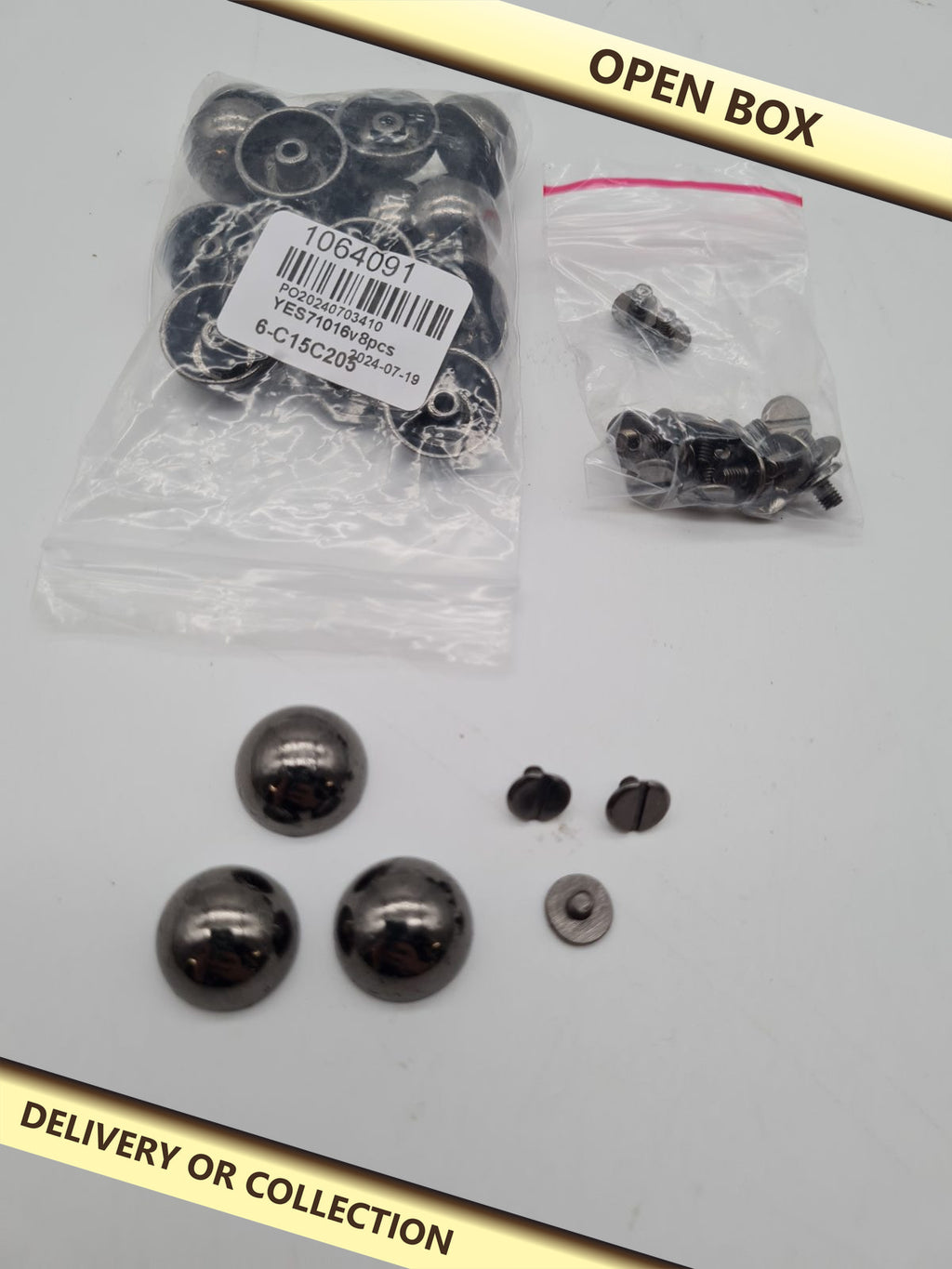 Screw-On Domed Bag Feet Studs — photograph 1 — Open box; auction delivery information shown on image