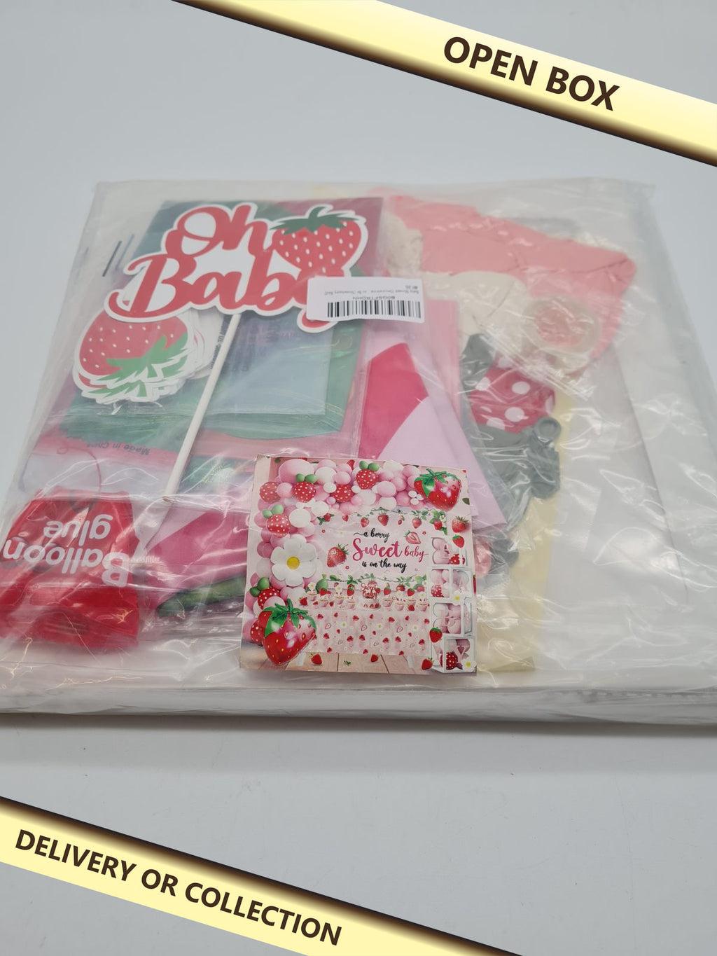 Strawberry-Themed Baby Shower Decoration Set — photograph 1 — Open box; auction delivery information shown on image