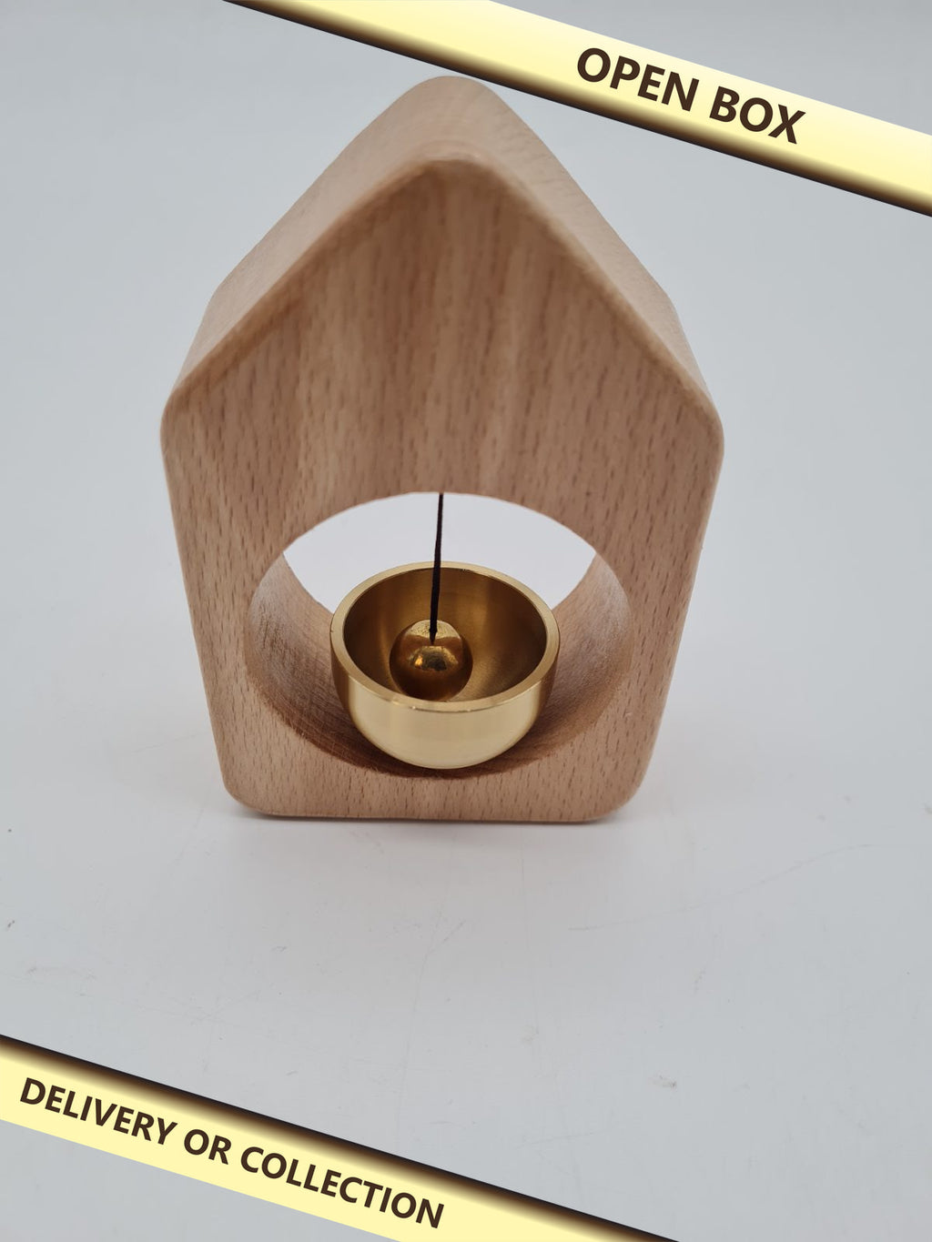 Wooden House-Shaped Shopkeeper's Door Bell — photograph 1 — Open box; auction delivery information shown on image