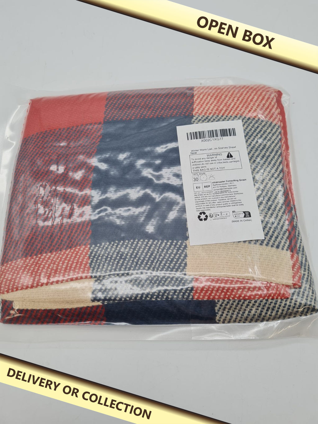 Checked Fringed Scarf â€” photograph 1 — Open box; auction delivery information shown on image