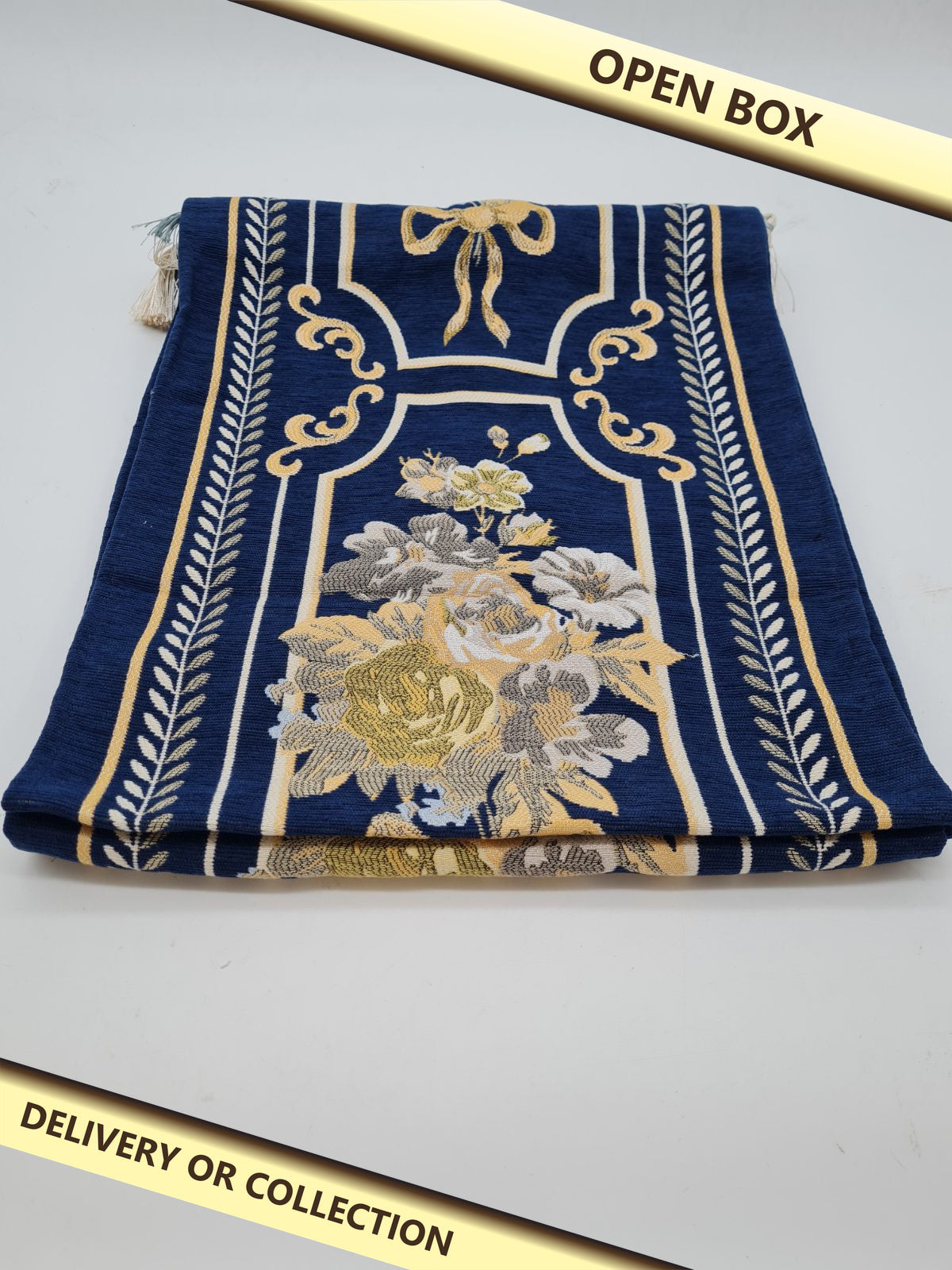 Floral Tapestry-Style Table Runner with Tassel Trim — photograph 1 — Open box; auction delivery information shown on image