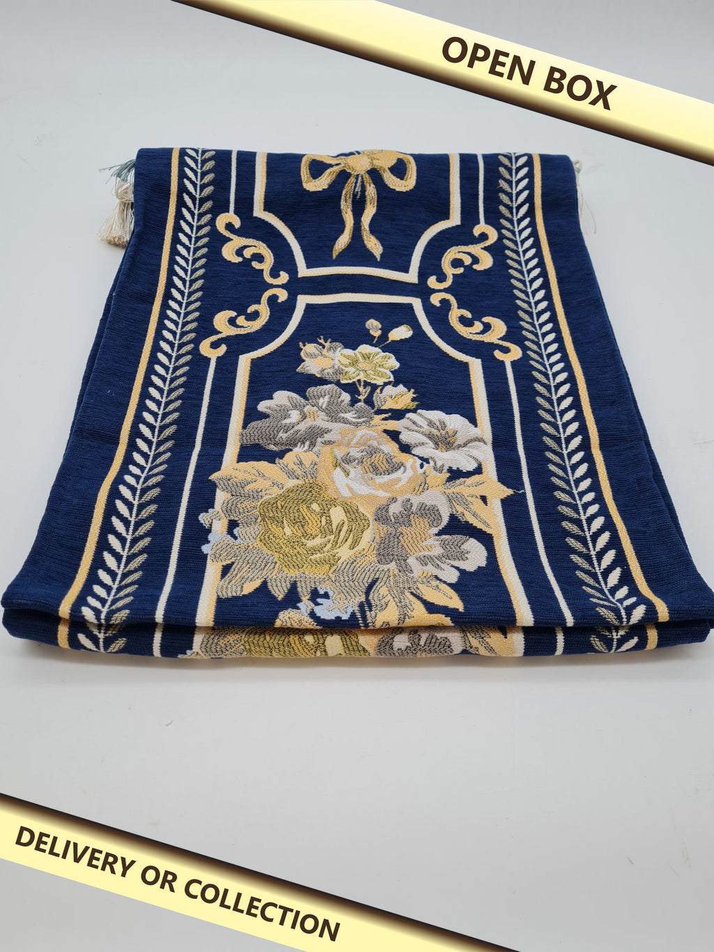 Floral Tapestry-Style Table Runner with Tassel Trim — photograph 1 — Open box; auction delivery information shown on image