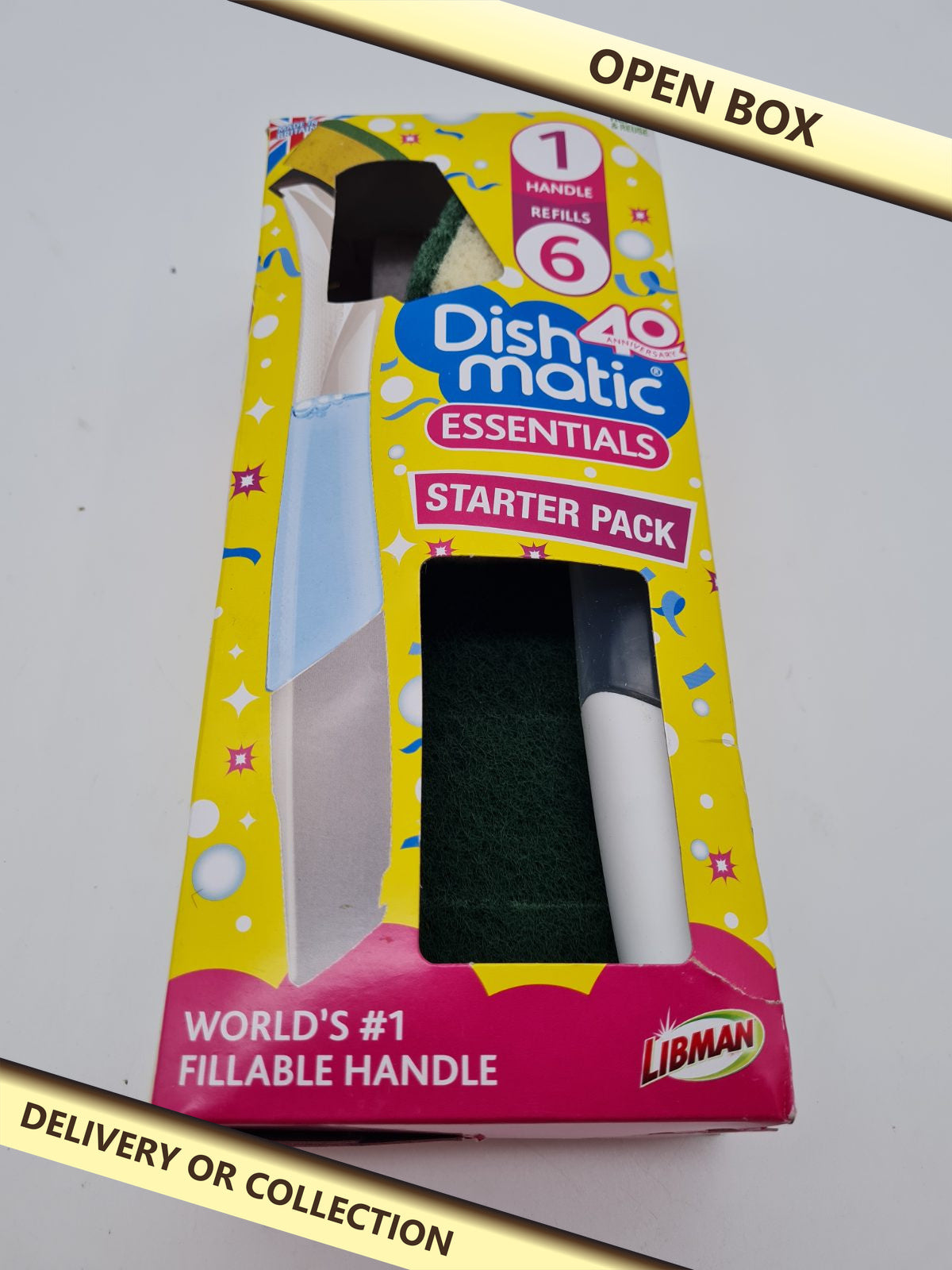 Fillable Washing-Up Sponge Handle Starter Pack with 6 Refills – Dishmatic Essentials — photograph 1 — Open box; auction delivery information shown on image