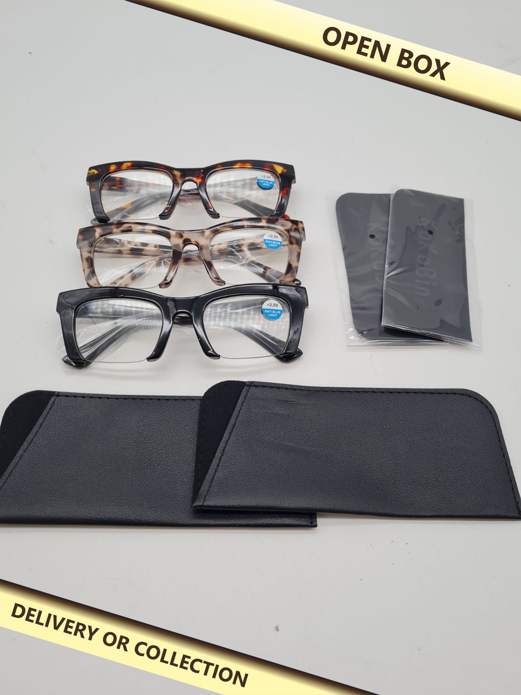 Set of 3 +2.50 Reading Glasses — photograph 1 — Open box; auction delivery information shown on image