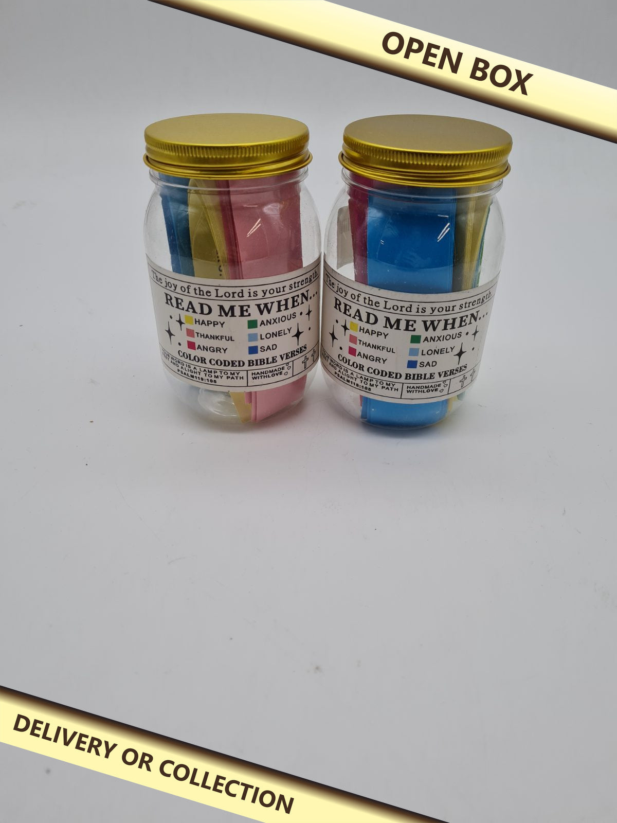Set of 2 “Read Me When...” Colour-Coded Bible Verse Card Jars — photograph 1 — Open box; auction delivery information shown on image