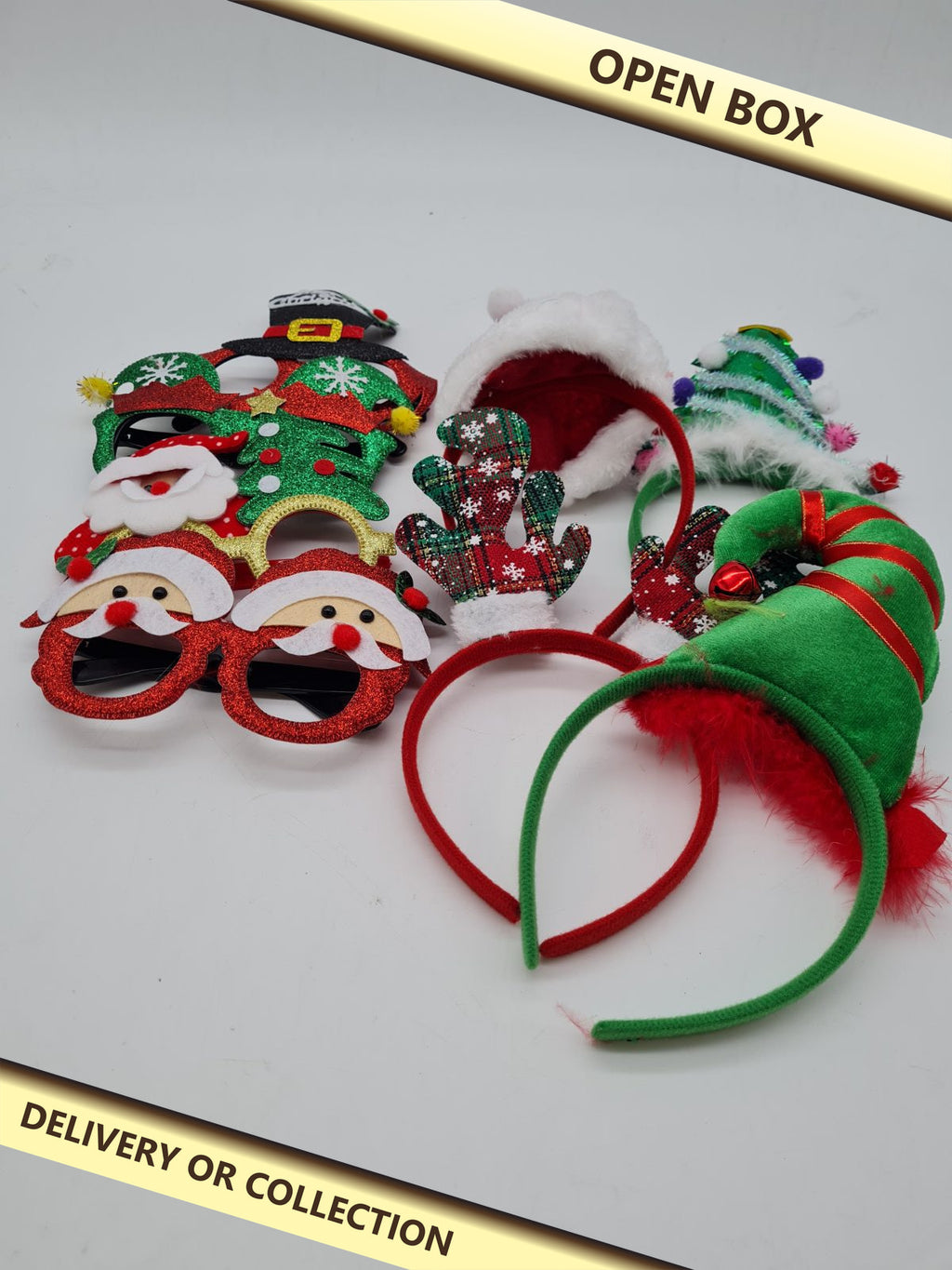 Christmas novelty glasses and headbands set — photograph 1 — Open box; auction delivery information shown on image