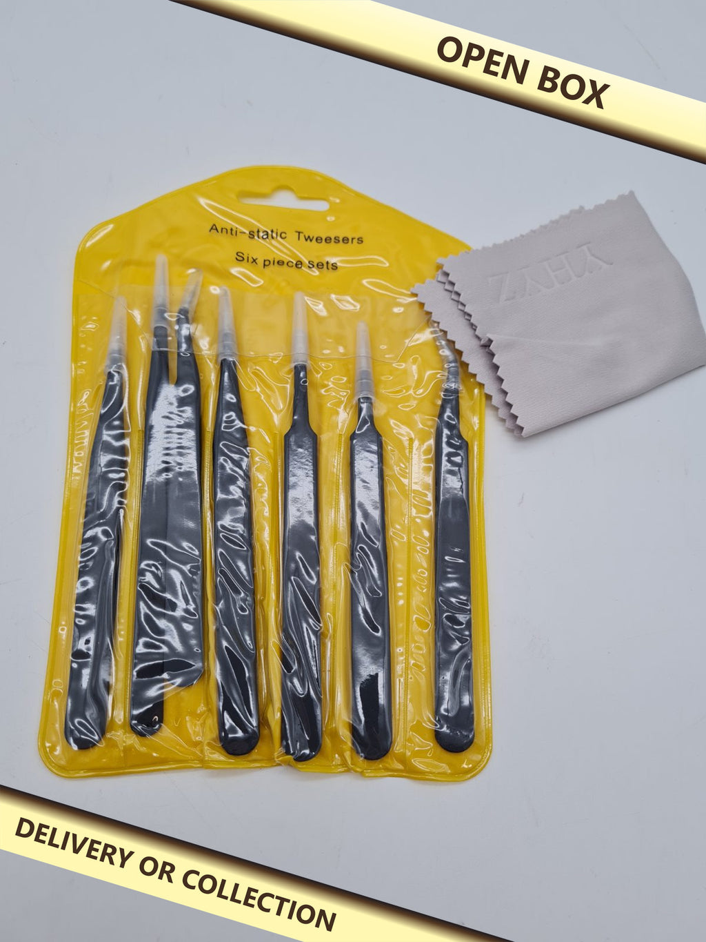 Anti-Static Precision Tweezers Set — photograph 1 — Open box; auction delivery information shown on image