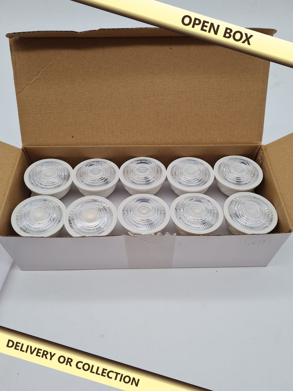 Set of 10 RUNQIAO GU10 7W LED spotlight bulbs 2835SMD-7W — photograph 1 — Open box; auction delivery information shown on image