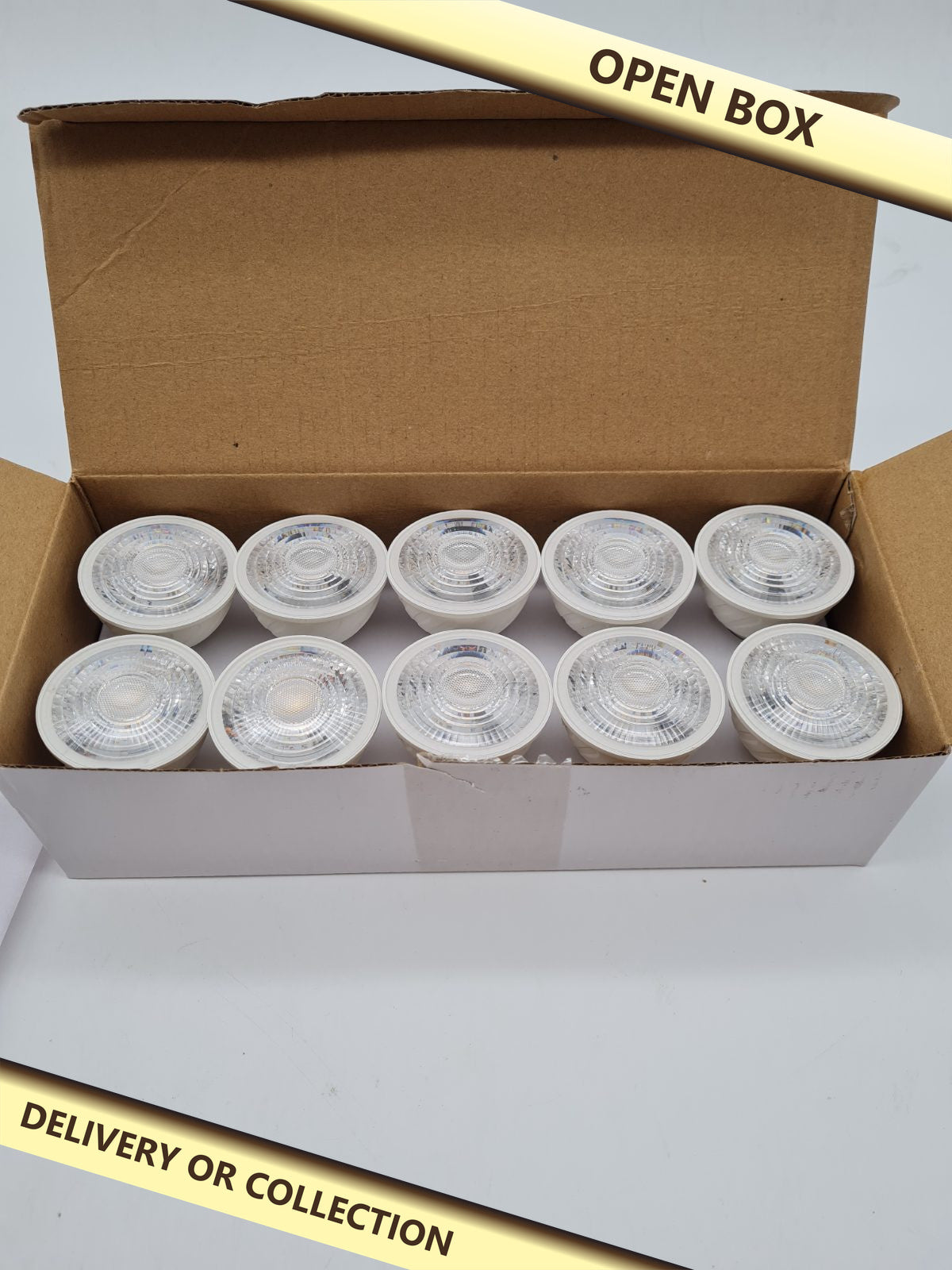 Set of 10 RUNQIAO GU10 7W LED spotlight bulbs 2835SMD-7W — photograph 1 — Open box; auction delivery information shown on image