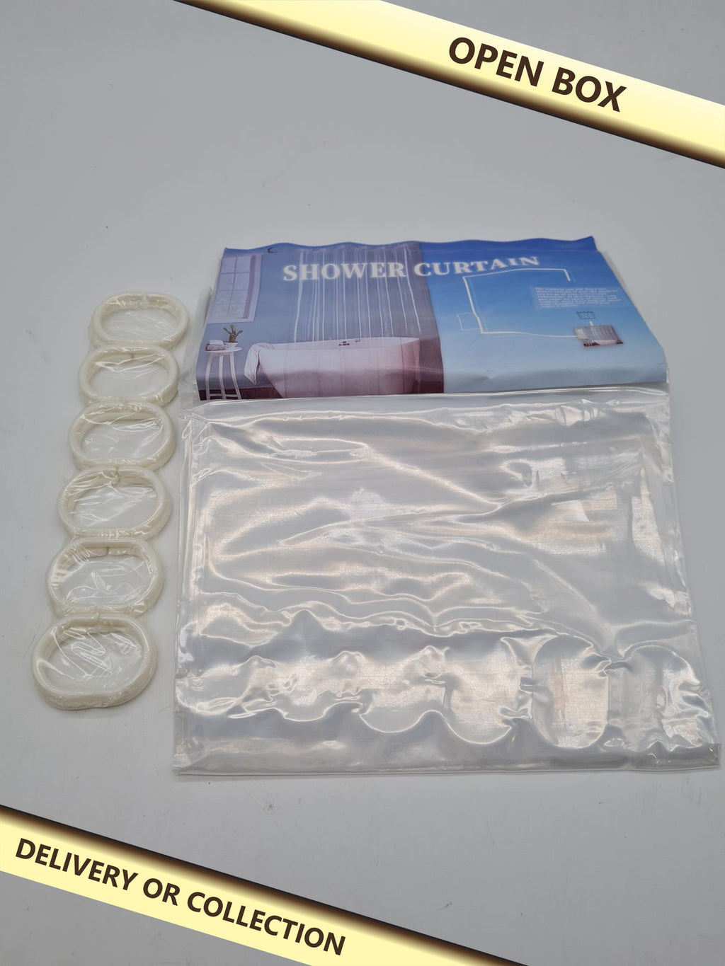 Bathroom clear Shower Curtain clear — photograph 1 — Open box; auction delivery information shown on image
