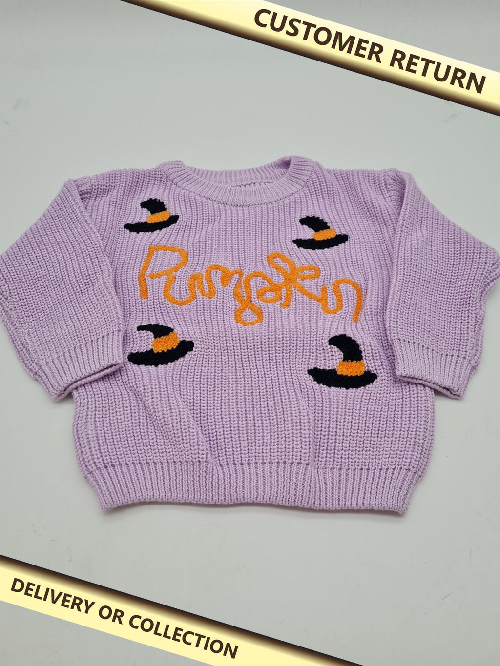 Children's Halloween Pumpkin Witch Hat Knitted Jumper 9-12 months â€” photograph 1 — Customer return; auction delivery information shown on image