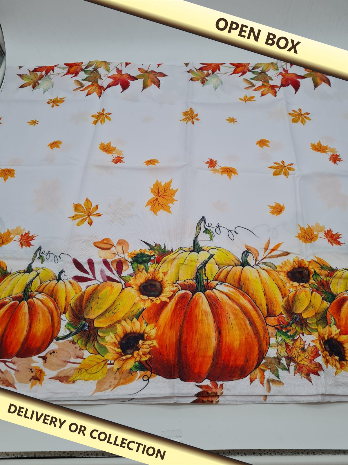 Autumn Pumpkin and Sunflower Print Tablecloth — photograph 1 — Open box; auction delivery information shown on image