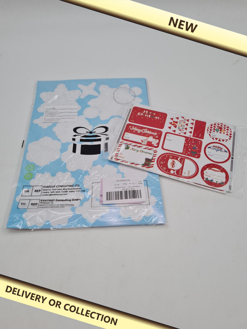 Snowflake window stickers and Christmas gift tag stickers — photograph 1 — New; auction delivery information shown on image