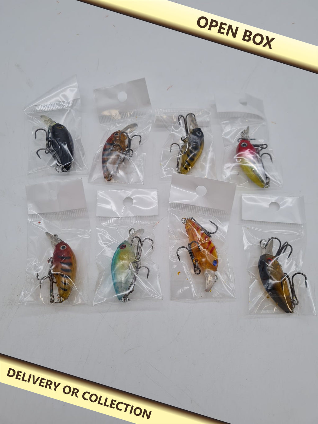 Set of 8 Fogbush Hard Fishing Lures â€” photograph 1 — Open box; auction delivery information shown on image
