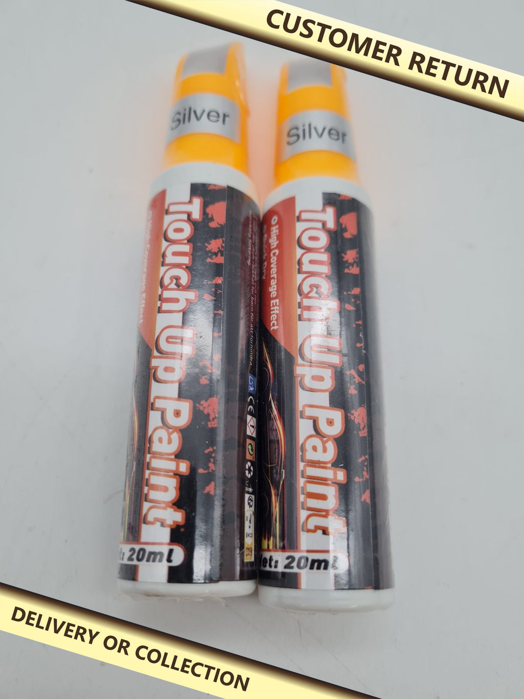 Silver automotive touch-up paint pens, 2 x 20ml — photograph 1 — Customer return; auction delivery information shown on image