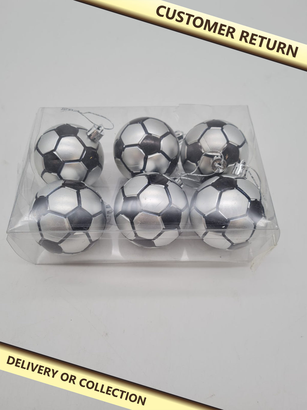 Set of 6 Football Christmas Tree Baubles — photograph 1 — Customer return; auction delivery information shown on image