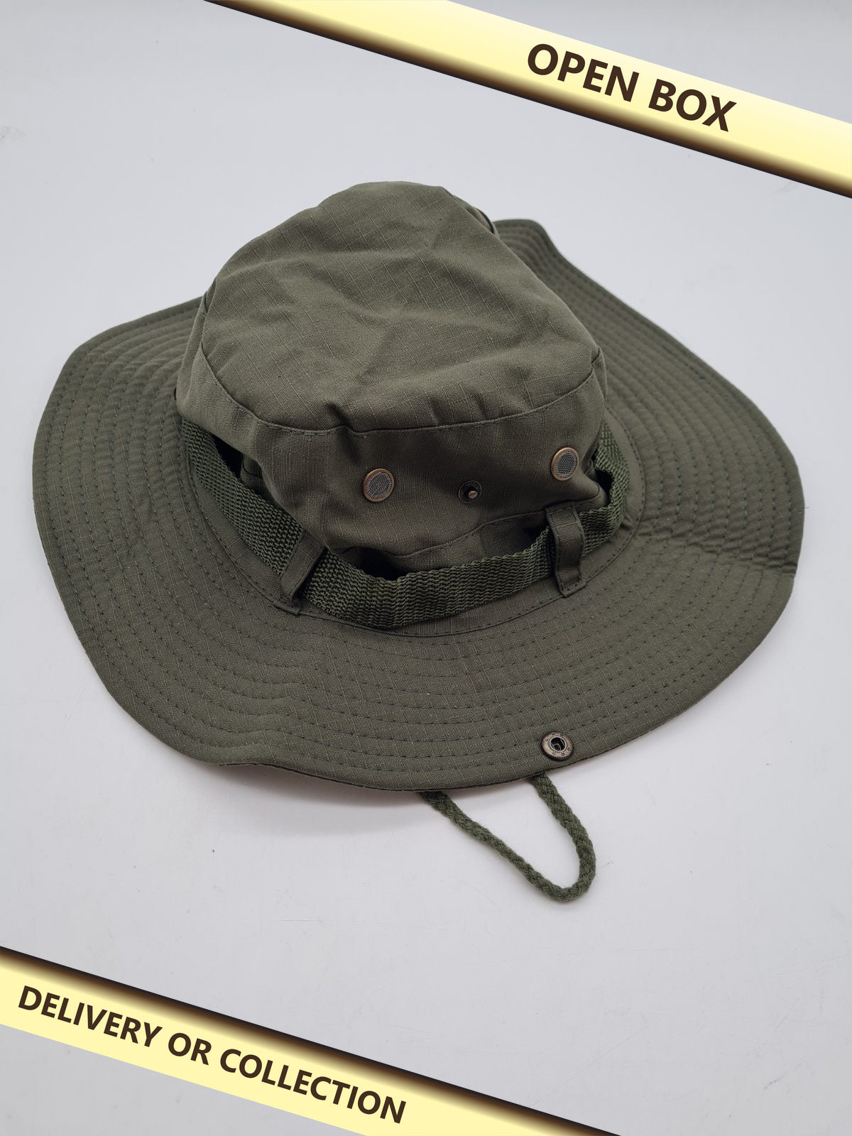 Wide-Brim Boonie Hat â€” photograph 1 — Open box; auction delivery information shown on image