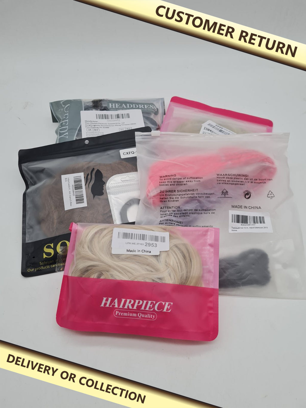 Hair bundle â€” photograph 1 — Customer return; auction delivery information shown on image