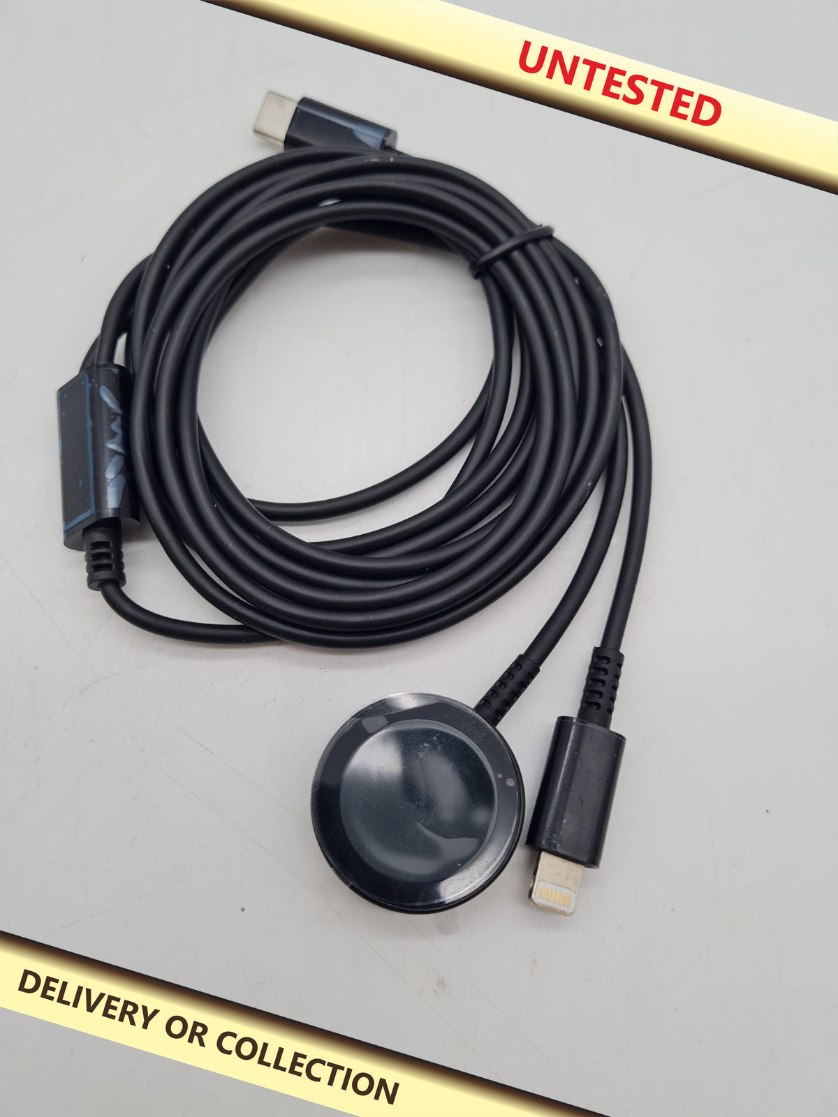 USB-C to Lightning and smartwatch charging cable â€” photograph 1 — Untested; auction delivery information shown on image