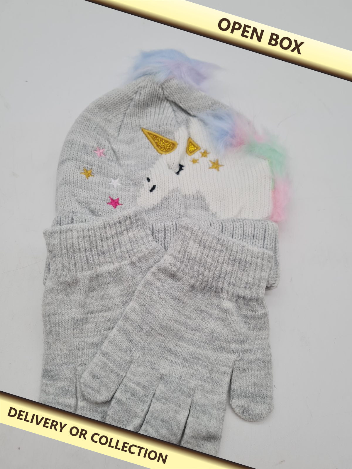 Children's Unicorn Knitted Hat and Gloves Set â€” photograph 1 — Open box; auction delivery information shown on image