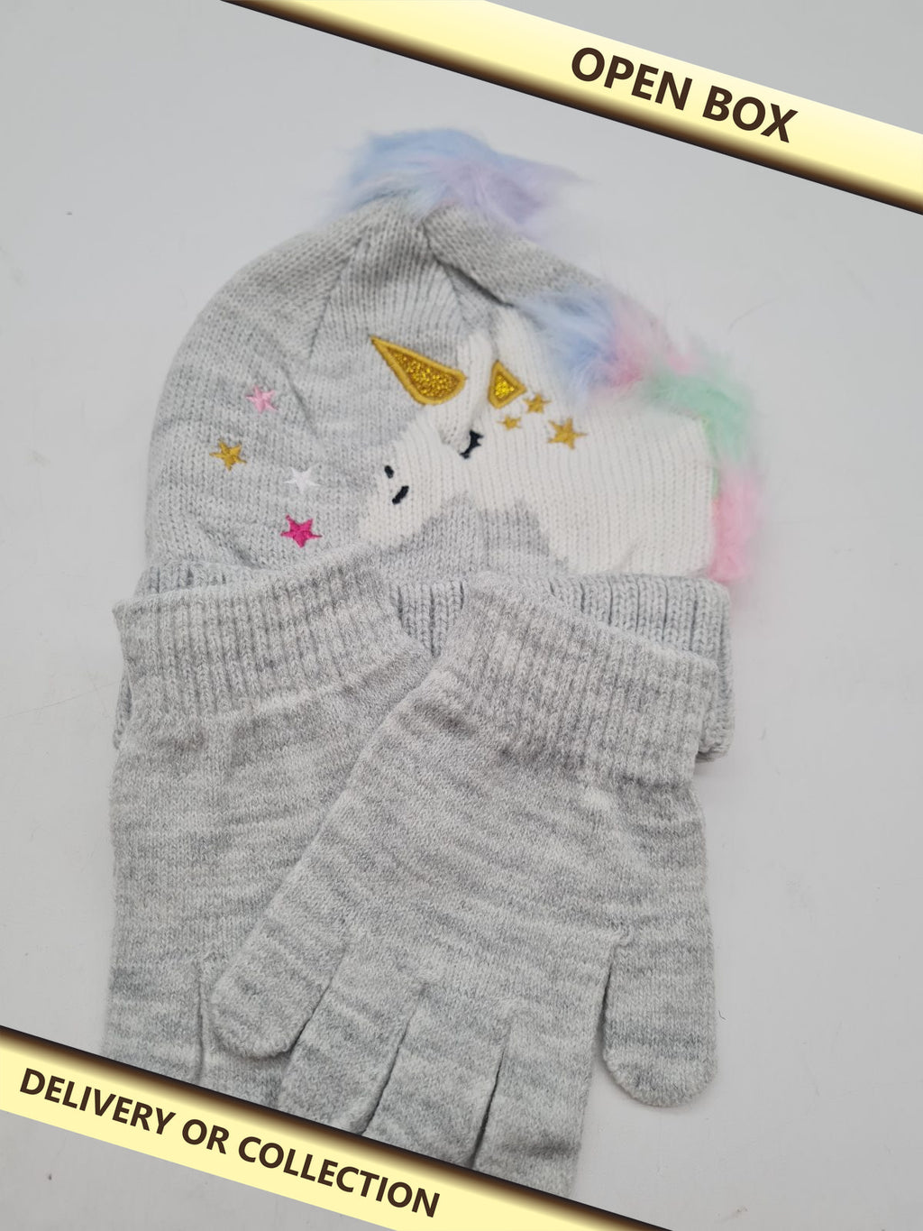 Children's Unicorn Knitted Hat and Gloves Set — photograph 1 — Open box; auction delivery information shown on image