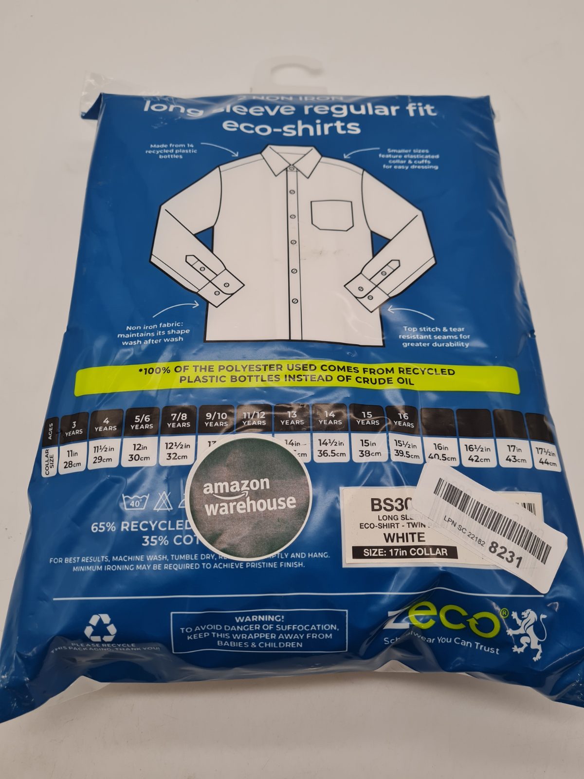 Zeco Long Sleeve School Shirts, 17in Collar, Pack of 2 — photograph 2
