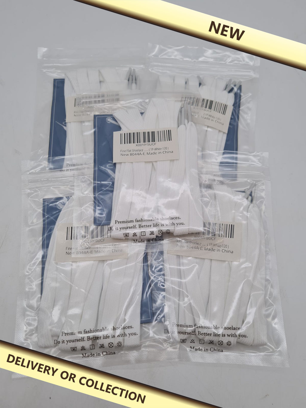 Flat Shoelaces 8044A-E – 5 Pairs, White, 120 cm â€” photograph 1 — New; auction delivery information shown on image