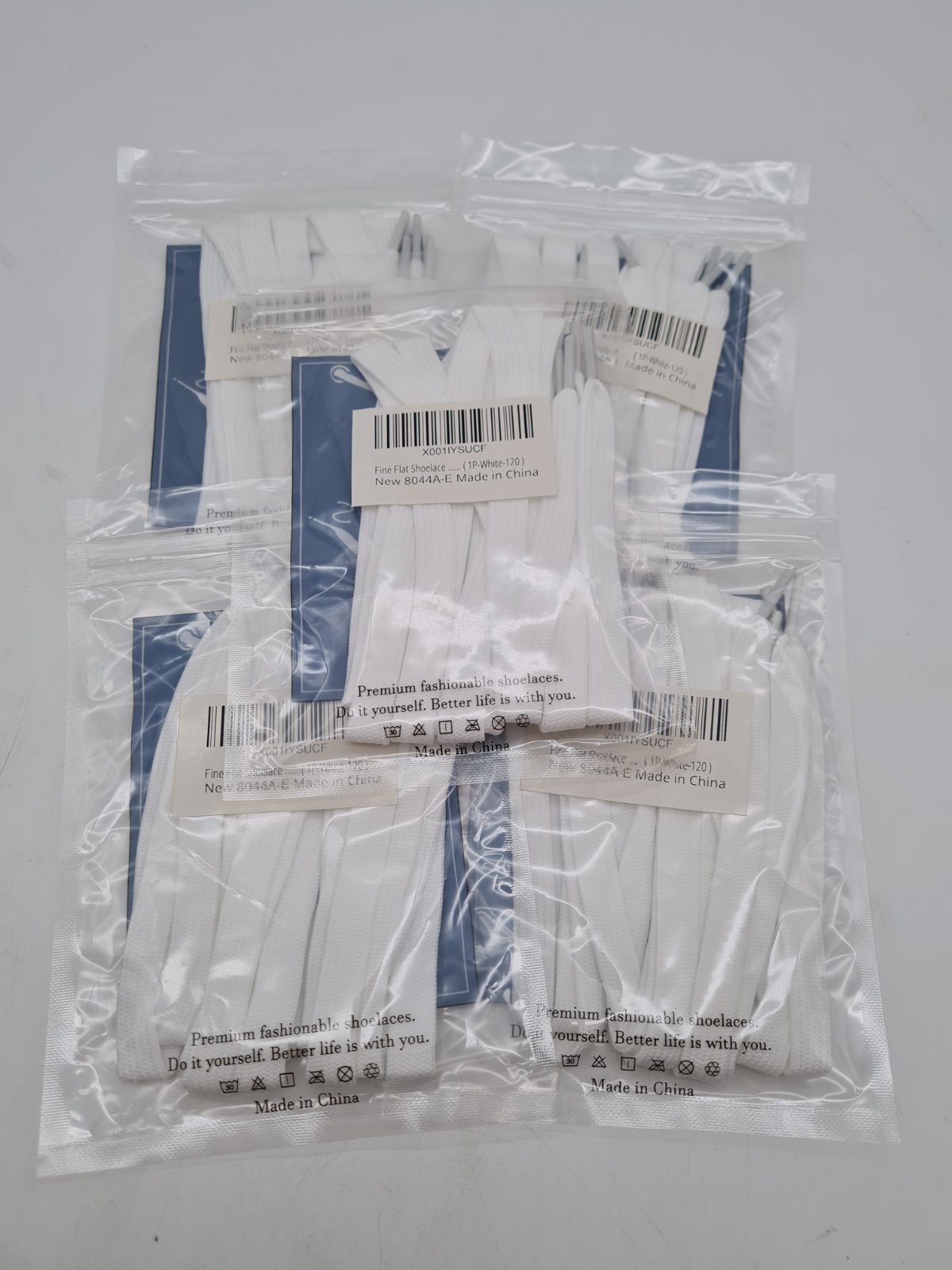 Flat Shoelaces 8044A-E – 5 Pairs, White, 120 cm — photograph 1