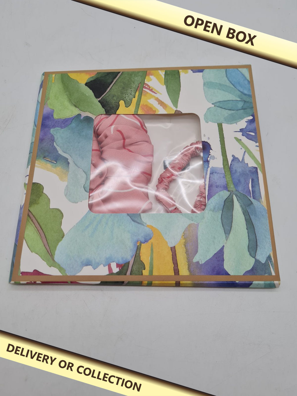 Silk Hair Bonnet and Scrunchie Set — photograph 1 — Open box; auction delivery information shown on image