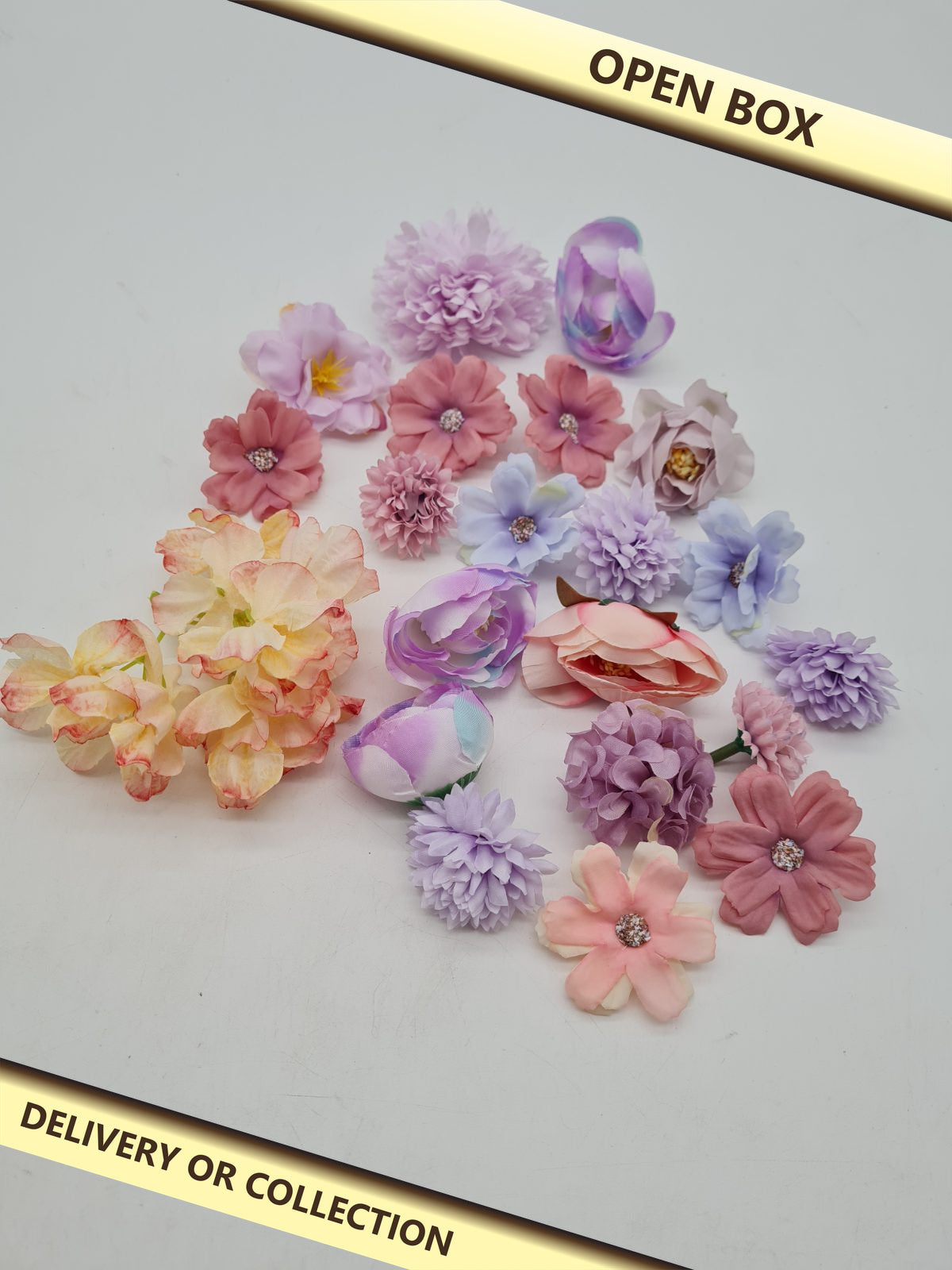 Artificial Flower Heads for Crafts and Decorations â€” photograph 1 — Open box; auction delivery information shown on image