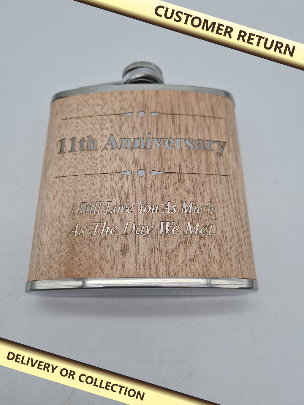 11th Anniversary Hip Flask â€” photograph 1 — Customer return; auction delivery information shown on image