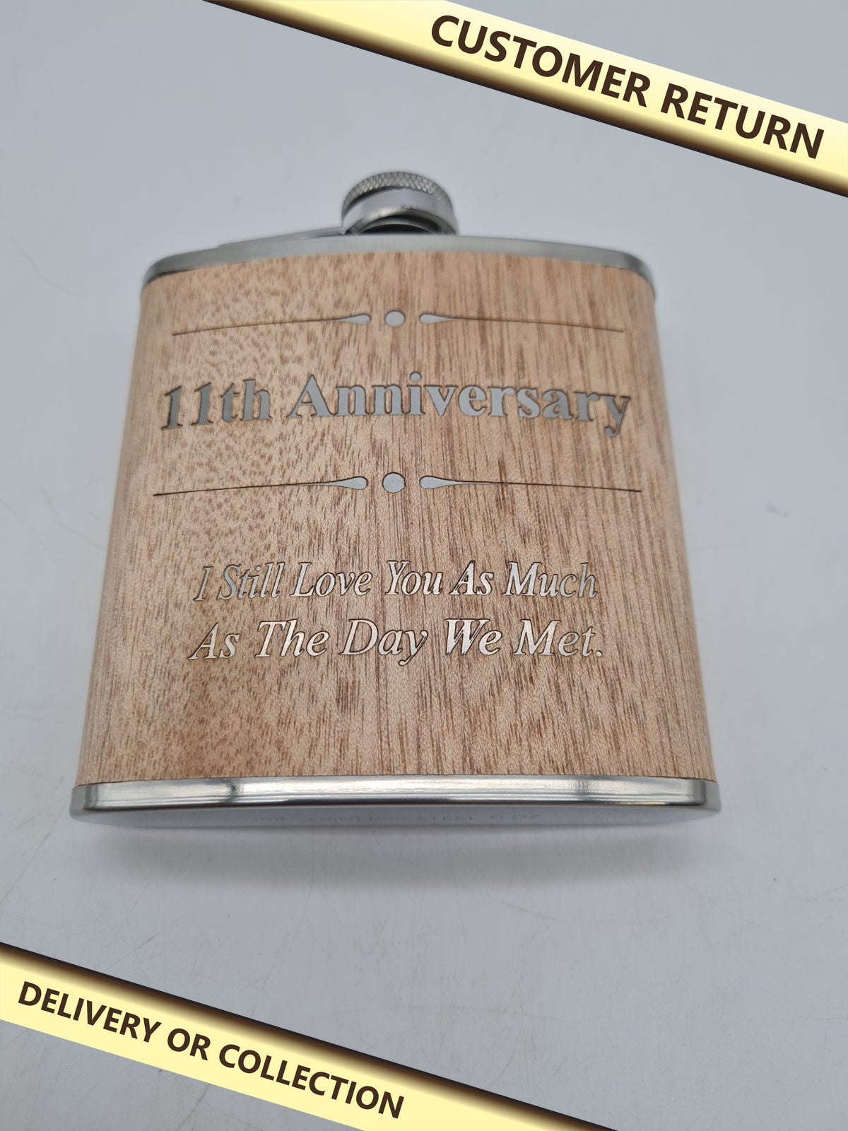 11th Anniversary Hip Flask â€” photograph 1 — Customer return; auction delivery information shown on image
