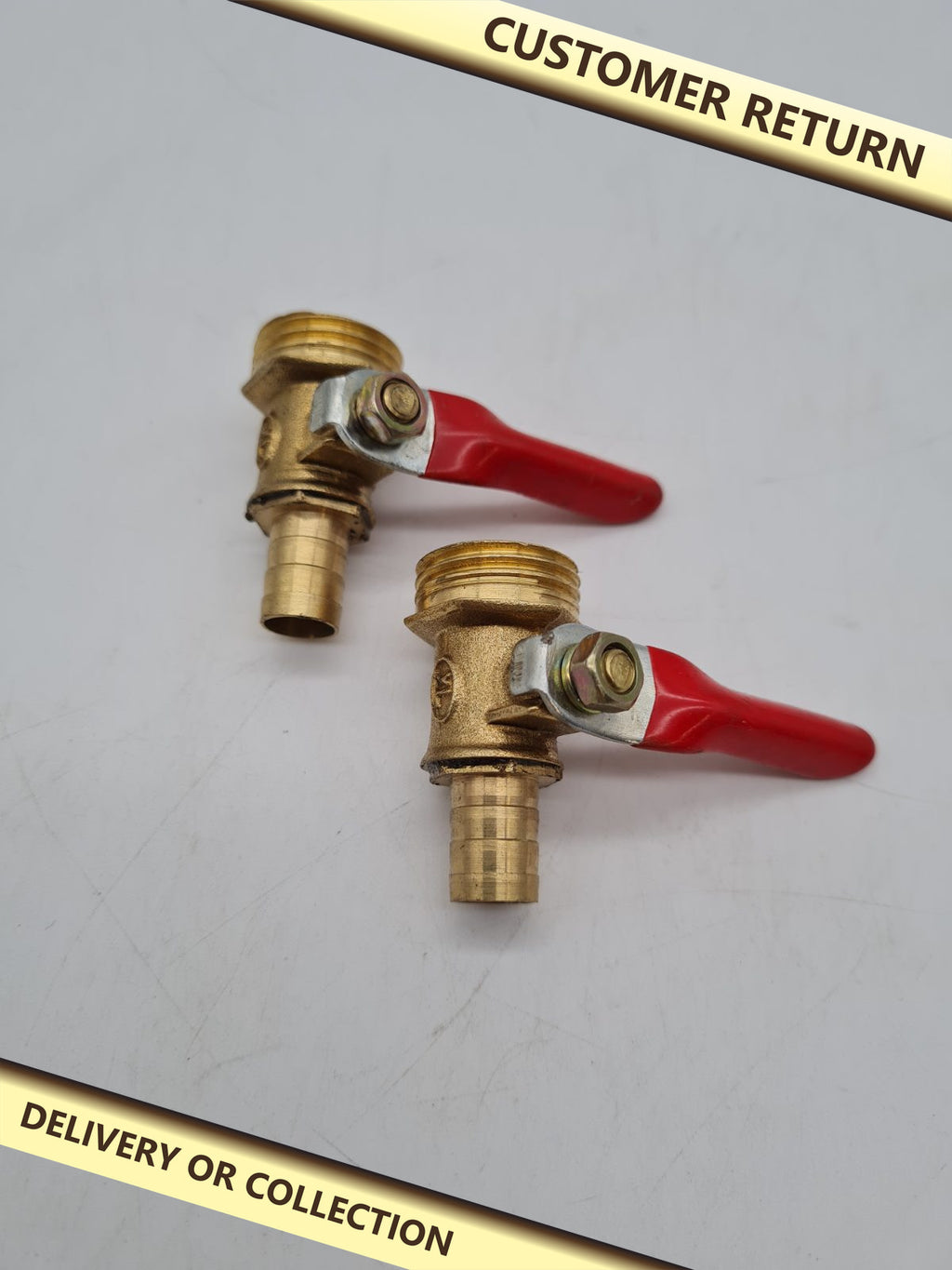 Pair of Brass Hose-Tail Ball Valves — photograph 1 — Customer return; auction delivery information shown on image