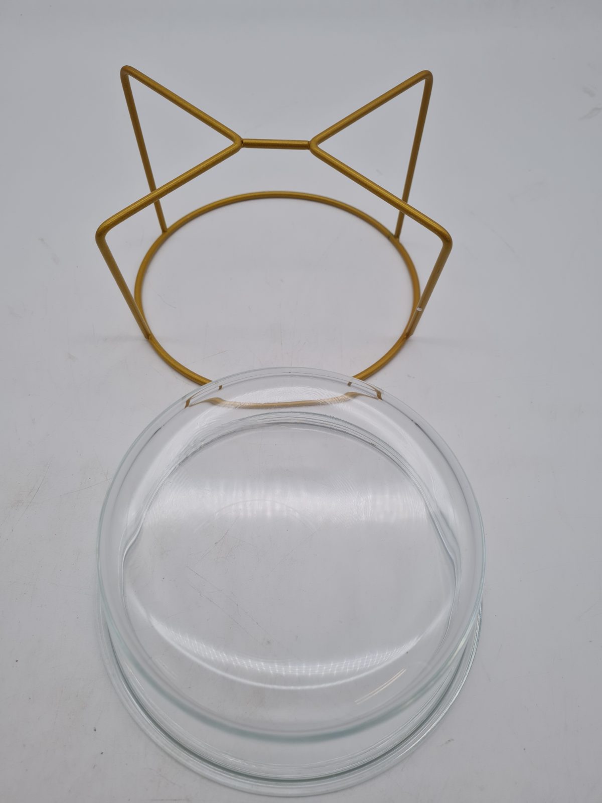 Glass pet feeding bowl with raised metal stand — photograph 3