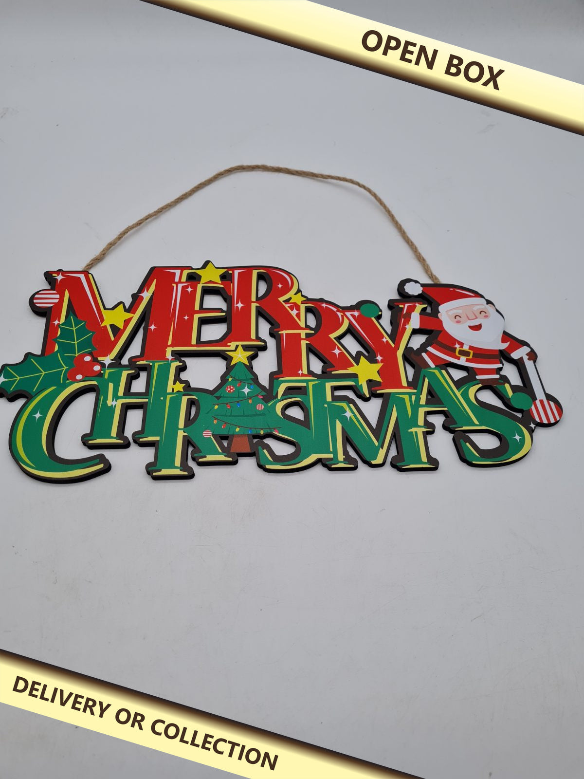 Hanging Merry Christmas Sign â€” photograph 1 — Open box; auction delivery information shown on image