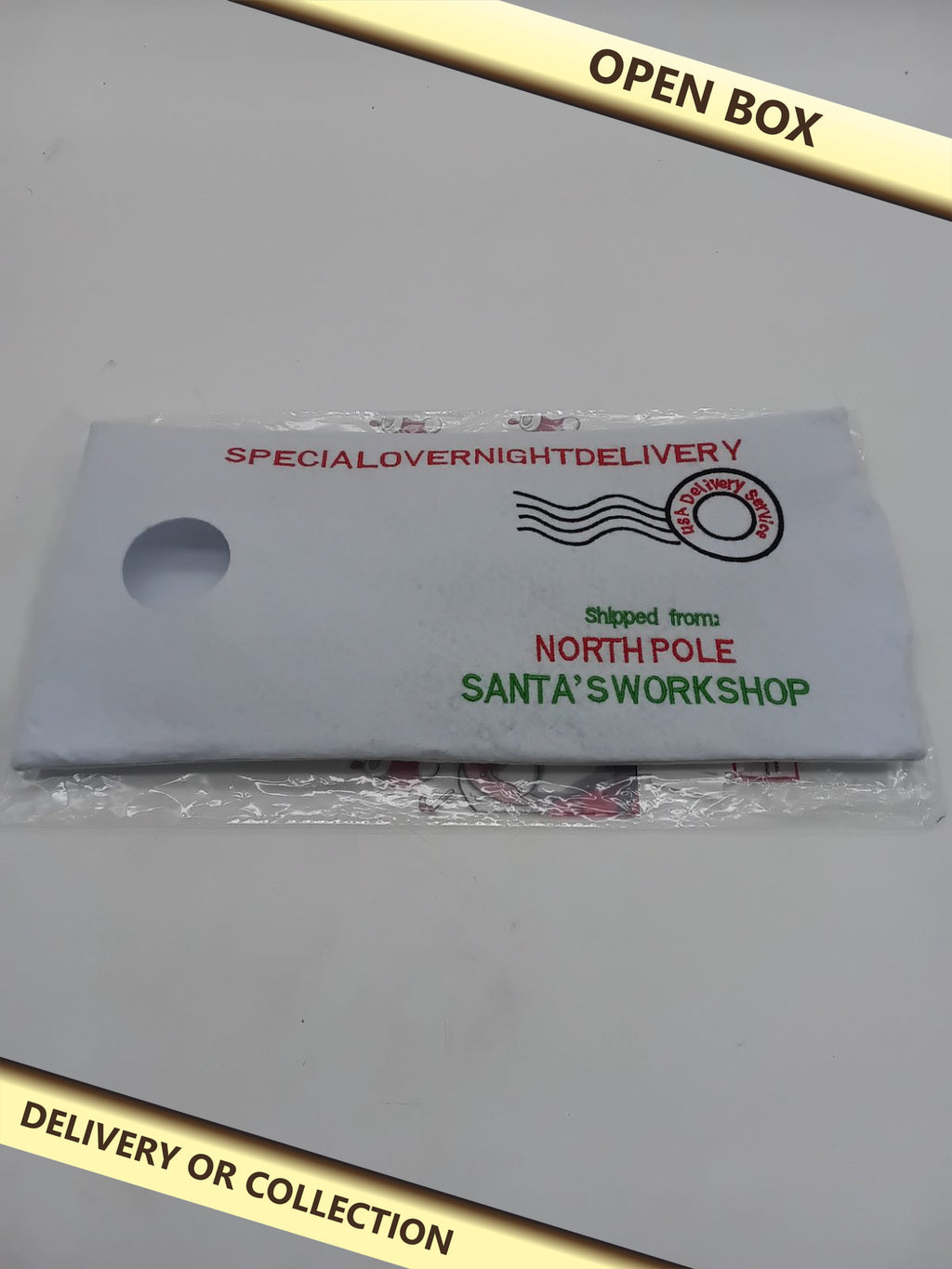 Christmas Gift Sack for elf on the shelf  with Santa and North Pole Design — photograph 1 — Open box; auction delivery information shown on image