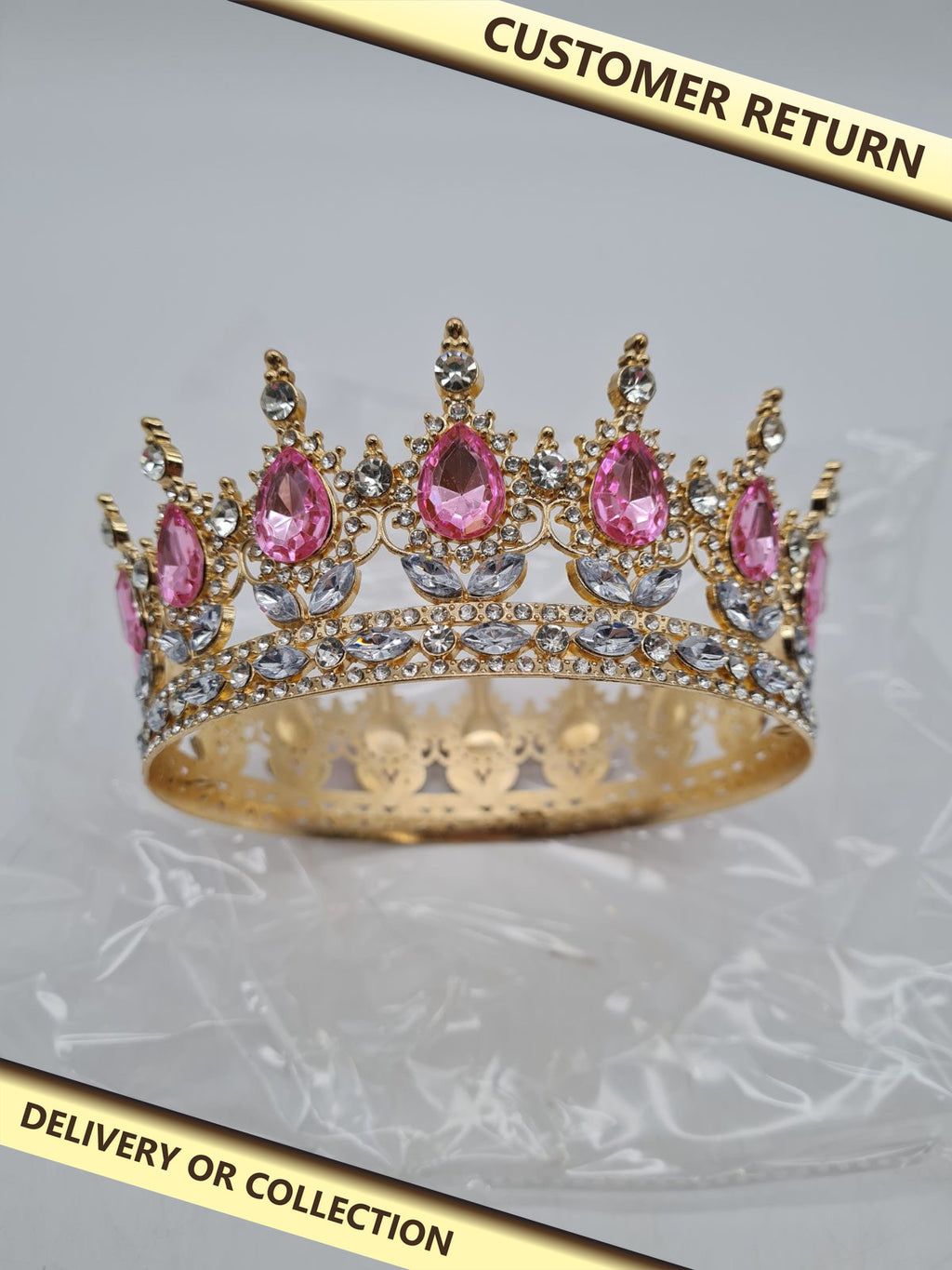 Gold-Tone Pink and Clear Stone Costume Crown Tiara — photograph 1 — Customer return; auction delivery information shown on image