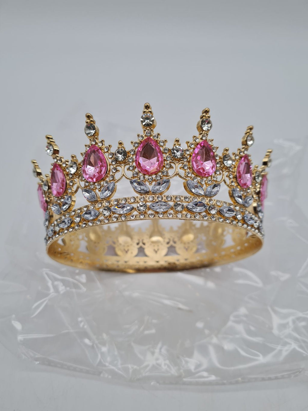 Gold-Tone Pink and Clear Stone Costume Crown Tiara — photograph 1