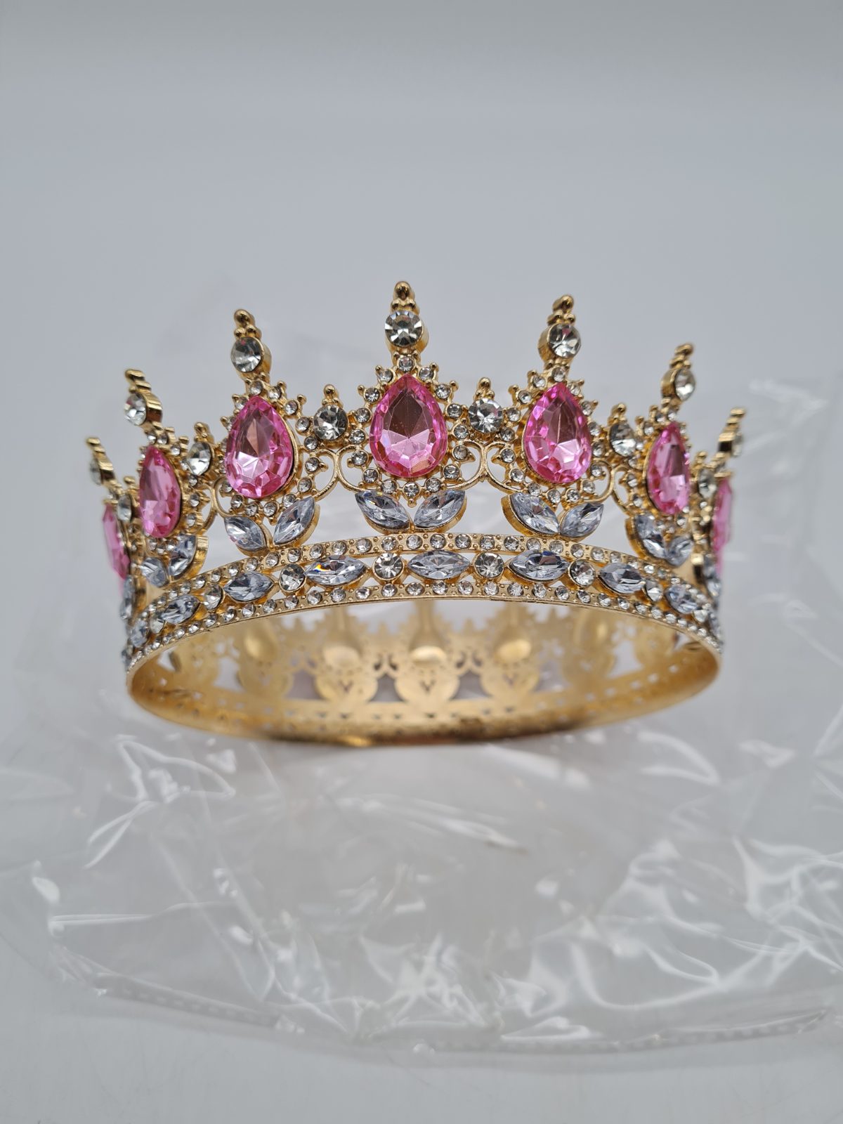 Gold-Tone Pink and Clear Stone Costume Crown Tiara — photograph 1