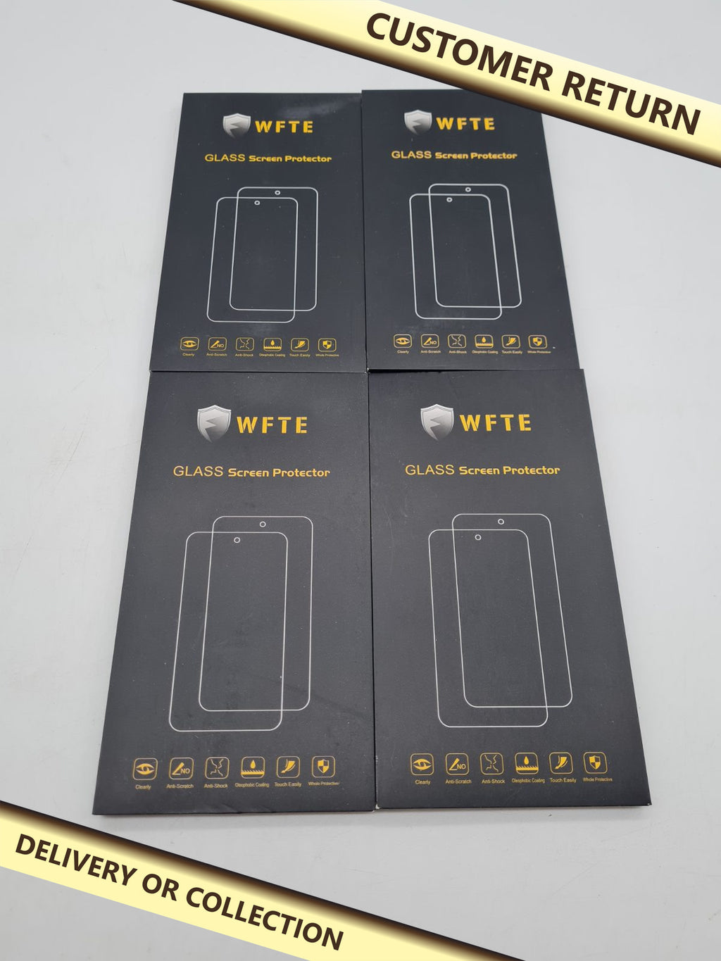 Bundle of 4 WFTE Glass Smartphone Screen Protectors â€” photograph 1 — Customer return; auction delivery information shown on image