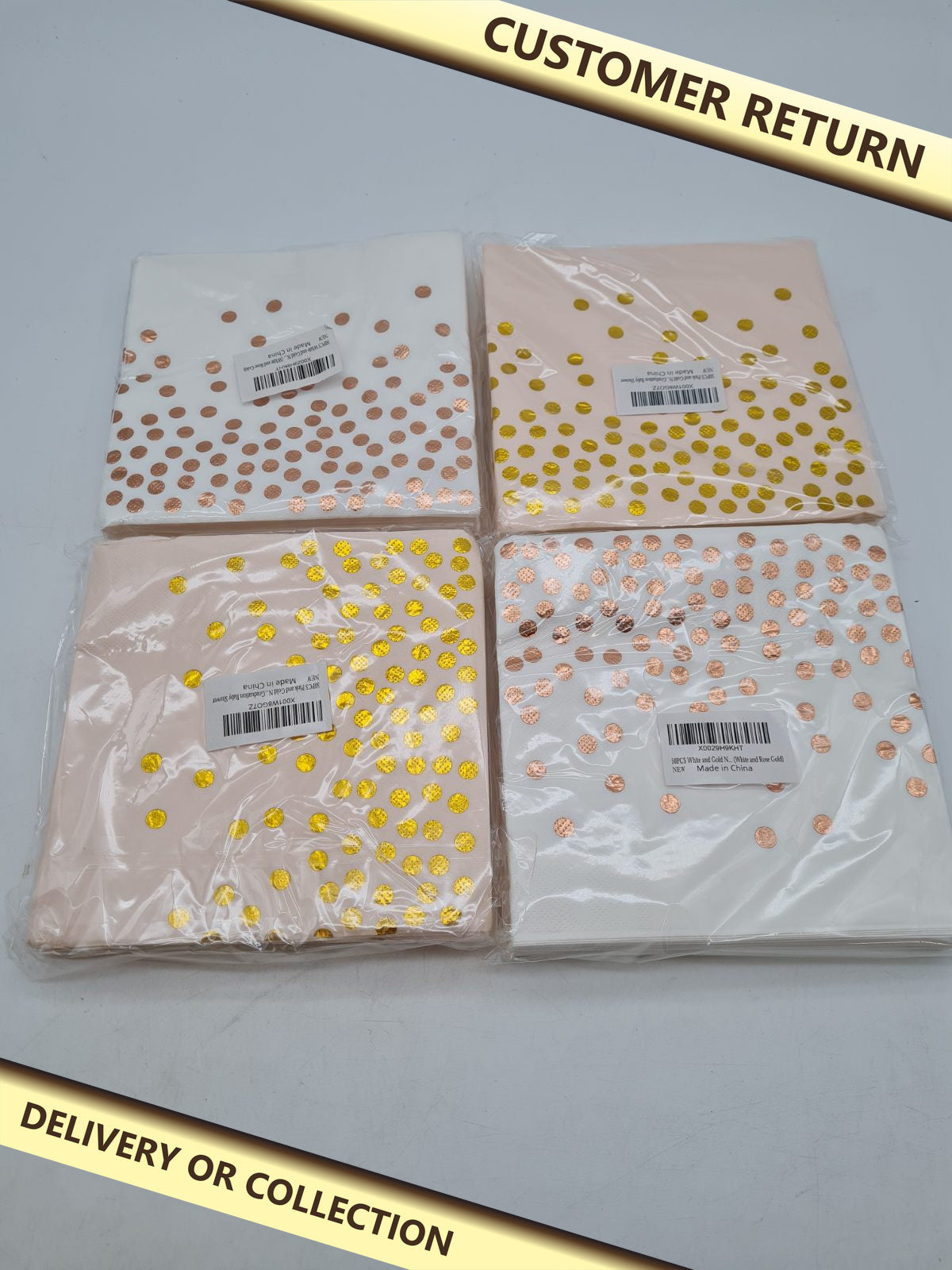 Four Packs of Metallic Polka Dot Paper Napkins â€” photograph 1 — Customer return; auction delivery information shown on image