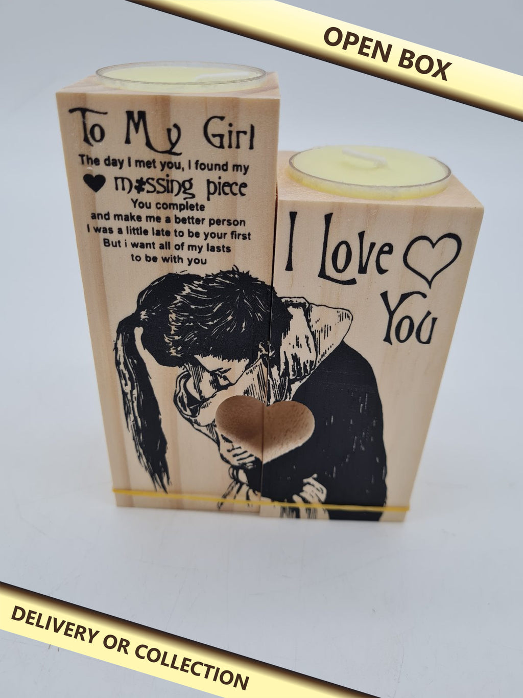 Two-Piece Wooden Romantic Couple Tealight Candle Holder â€” photograph 1 — Open box; auction delivery information shown on image