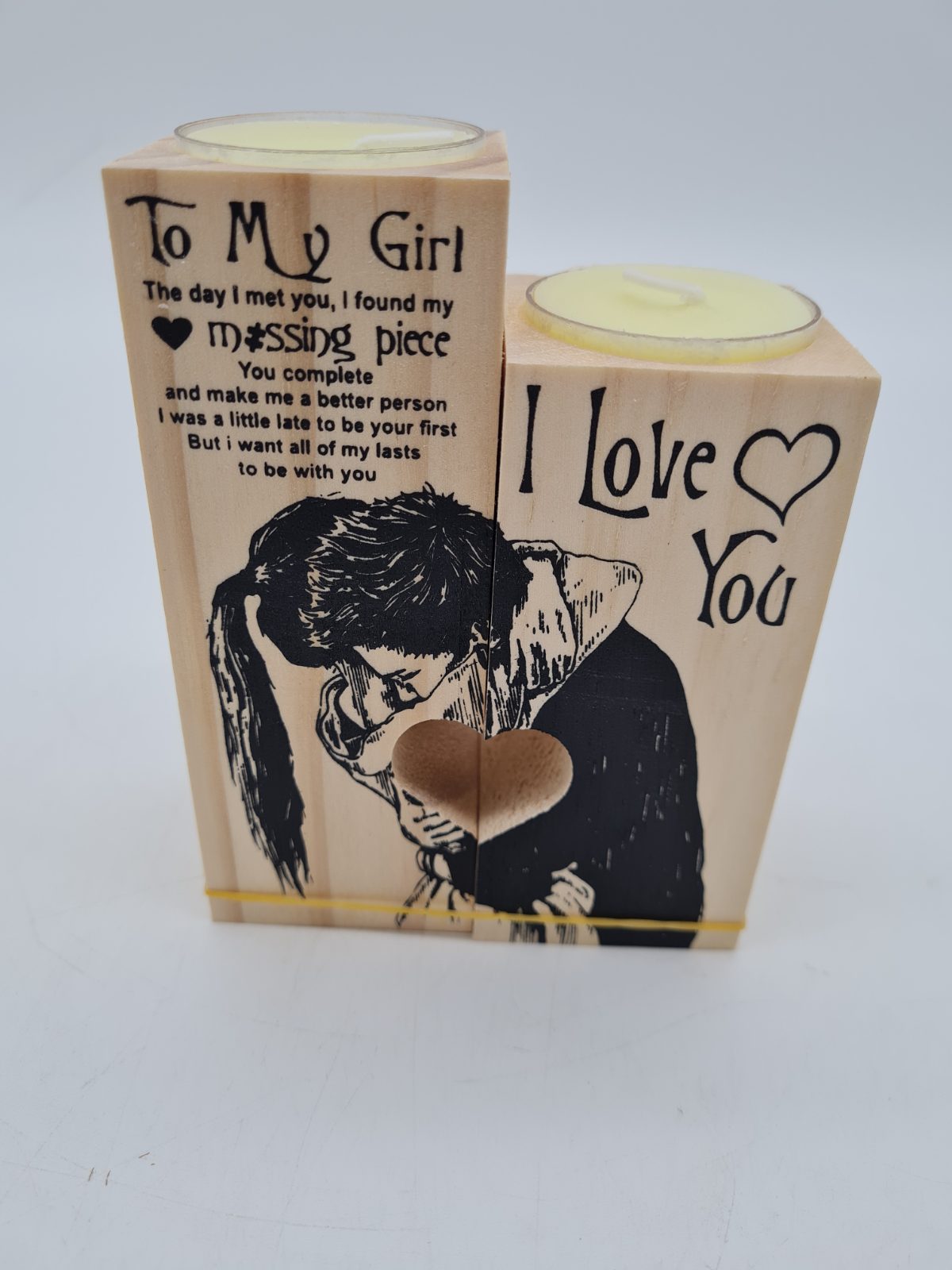 Two-Piece Wooden Romantic Couple Tealight Candle Holder â€” photograph 1